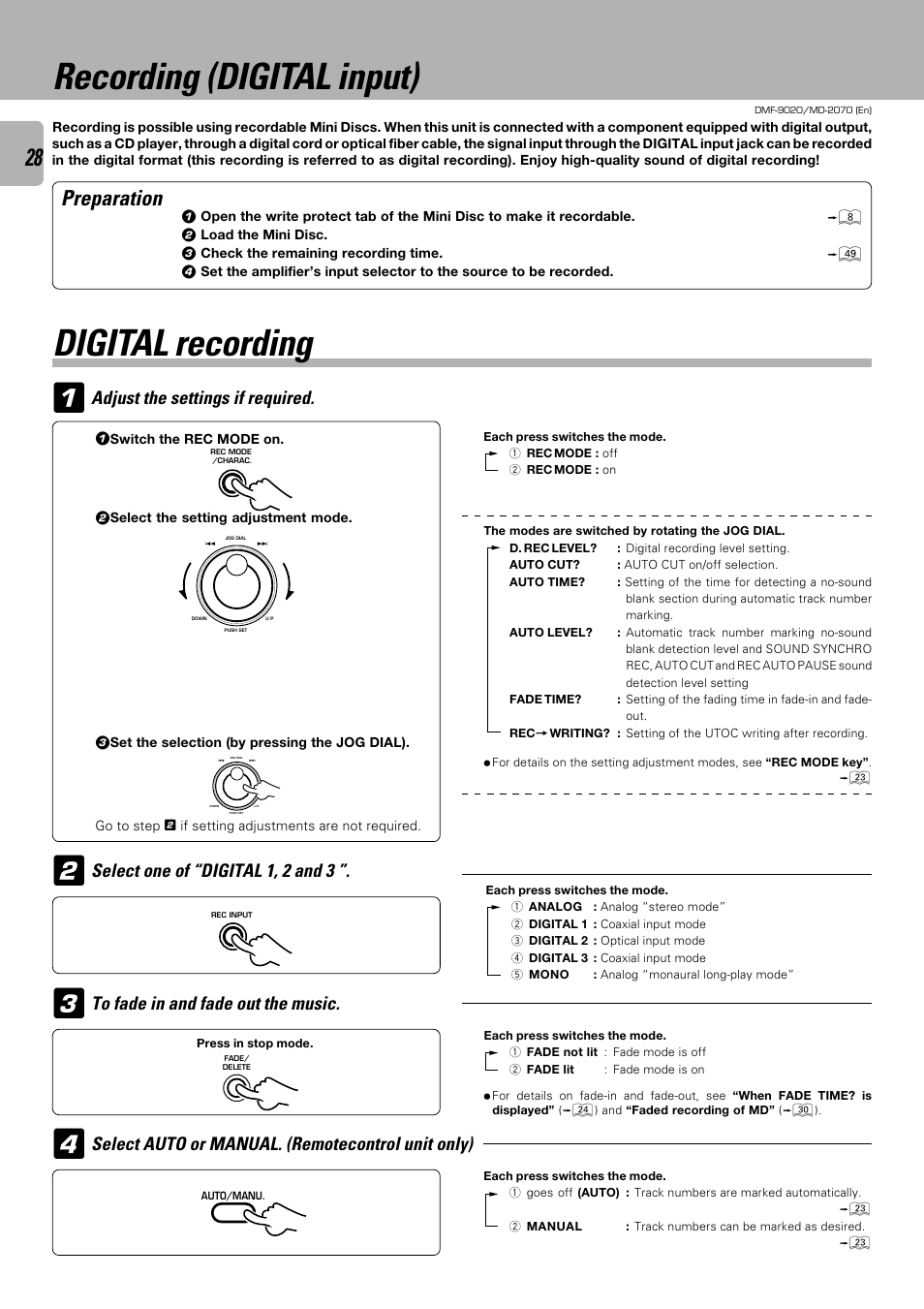 Recording (digital input), Digital recording, Preparation | Adjust the settings if required | Kenwood MD-2070 User Manual | Page 28 / 56