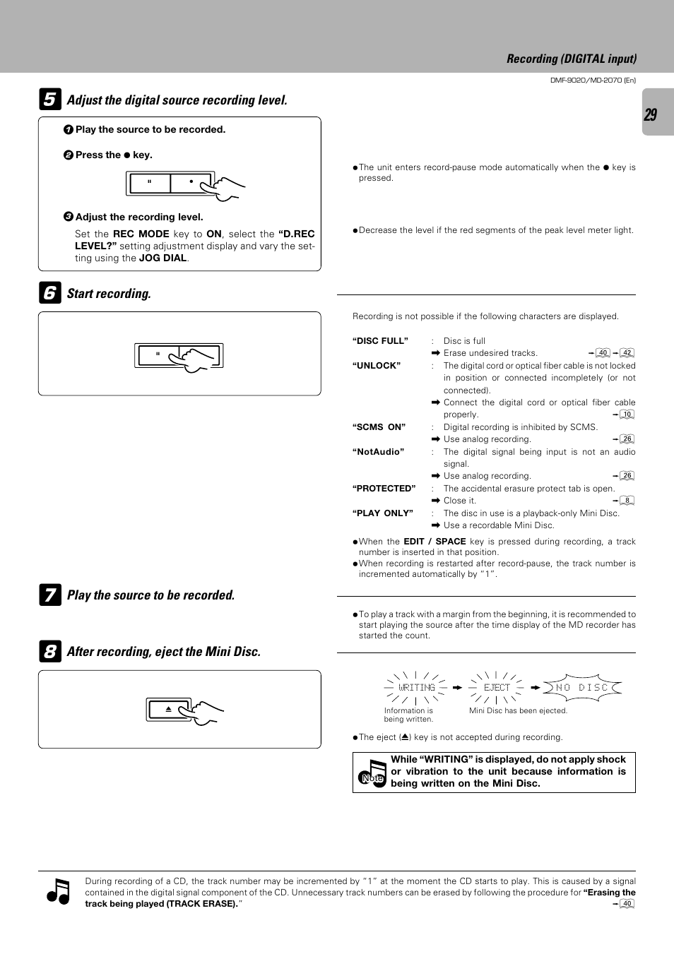 Start recording, Adjust the digital source recording level | Kenwood MD-2070 User Manual | Page 29 / 56