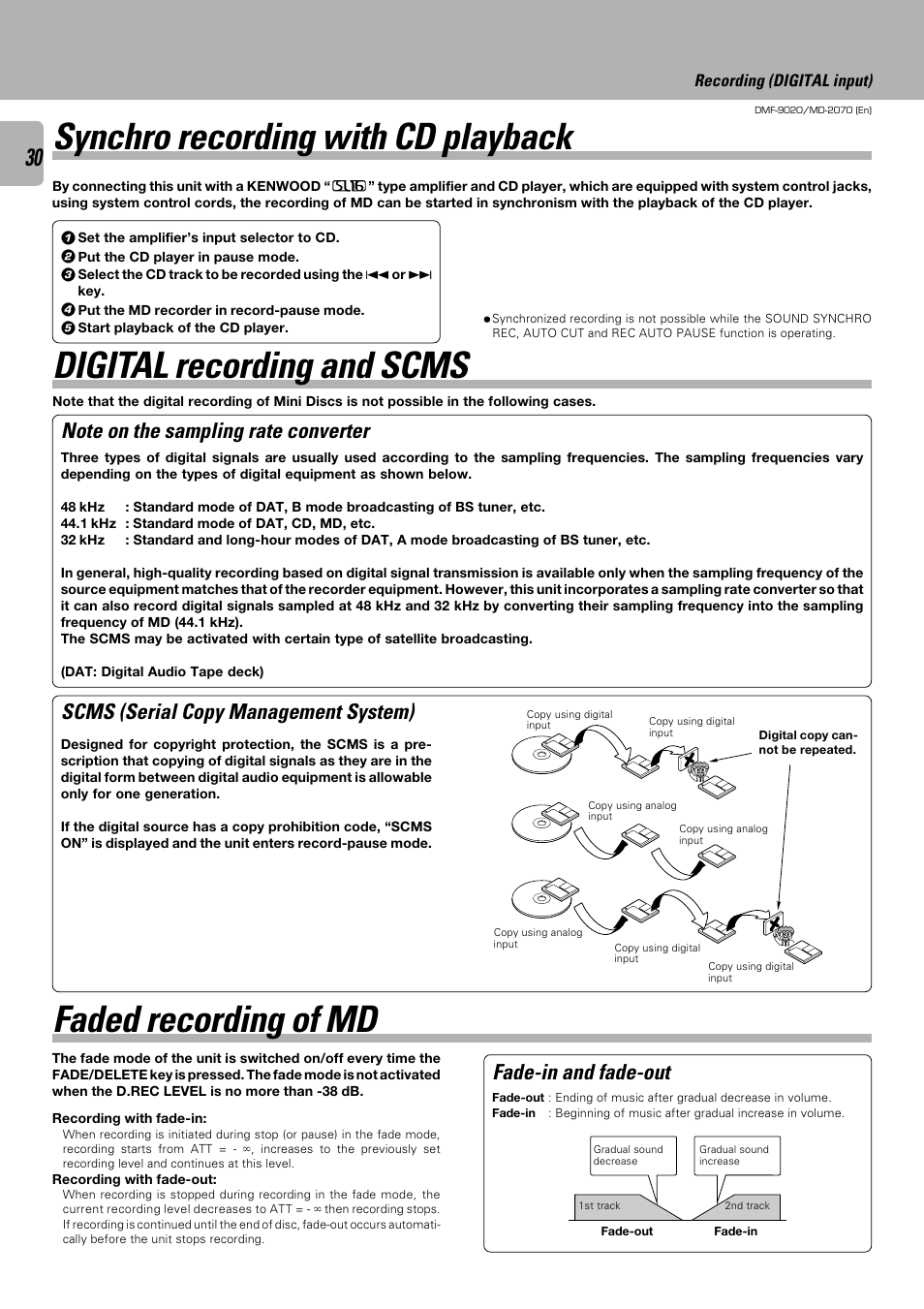 Synchro recording with cd playback, Digital recording and scms, Faded recording of md | Scms (serial copy management system), Fade-in and fade-out | Kenwood MD-2070 User Manual | Page 30 / 56