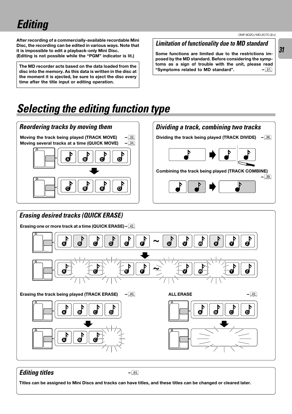 Editing, Selecting the editing function type, Erasing desired tracks (quick erase) | Reordering tracks by moving them, Dividing a track, combining two tracks | Kenwood MD-2070 User Manual | Page 31 / 56