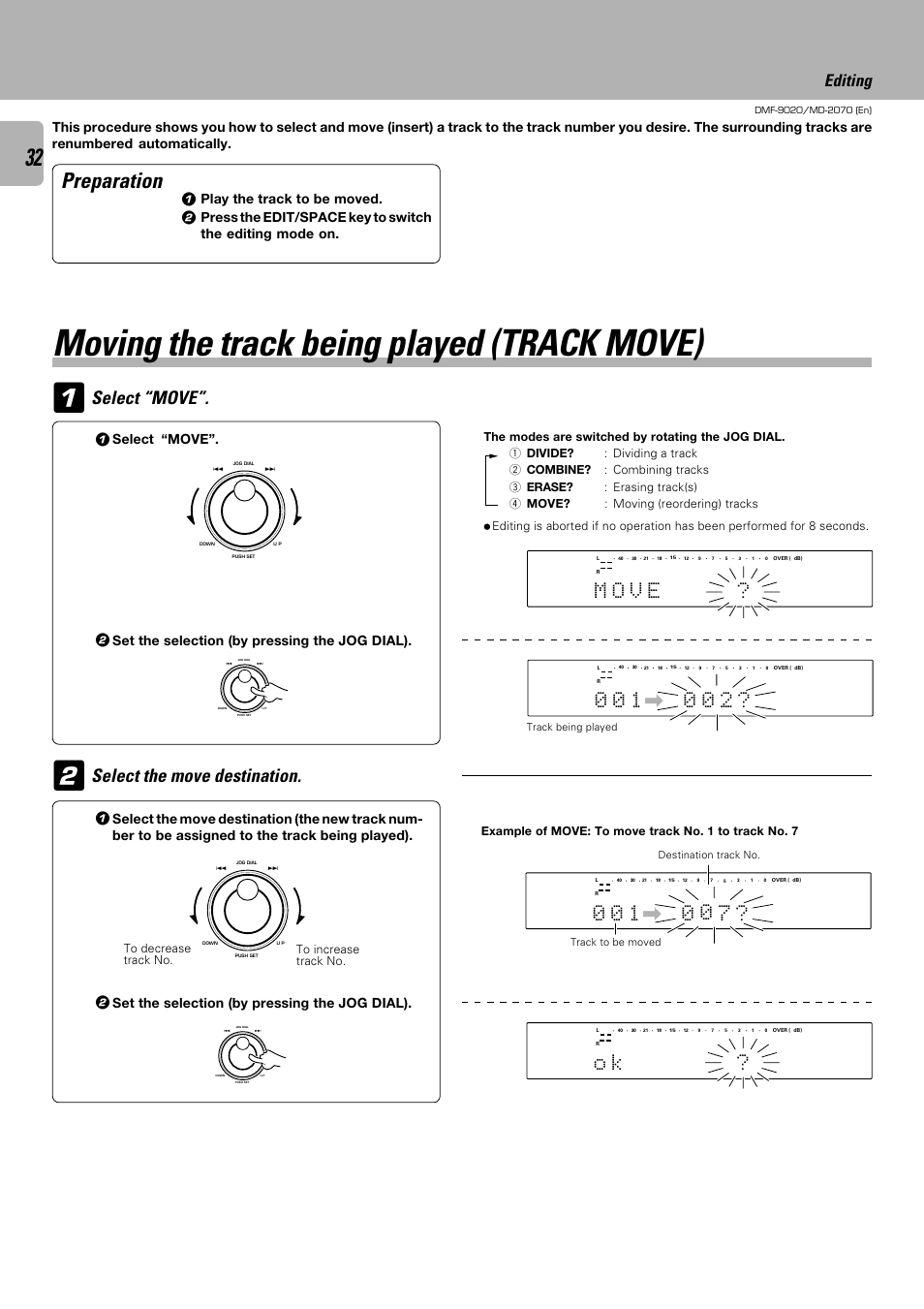 Moving the track being played (track move), Preparation, Select the move destination | Select “move, M o v e, Editing, Set the selection (by pressing the jog dial), Play the track to be moved | Kenwood MD-2070 User Manual | Page 32 / 56
