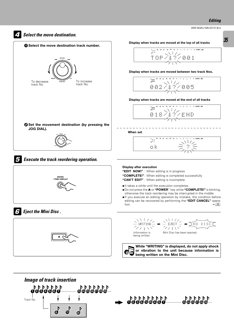 Image of track insertion, Select the move destination, P o t ? / 0 | 8 1 0 ? / e, Editing, Select the move destination track number | Kenwood MD-2070 User Manual | Page 35 / 56