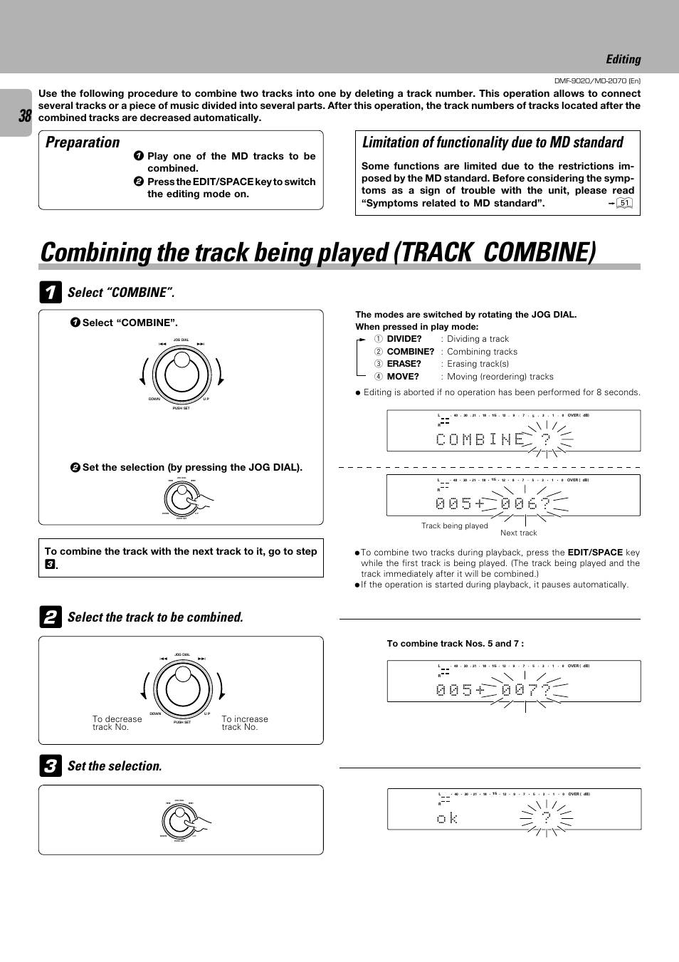 Combining the track being played (track combine), Preparation, Limitation of functionality due to md standard | Select “combine, Select the track to be combined, Set the selection, Editing, Play one of the md tracks to be combined, Set the selection (by pressing the jog dial) | Kenwood MD-2070 User Manual | Page 38 / 56