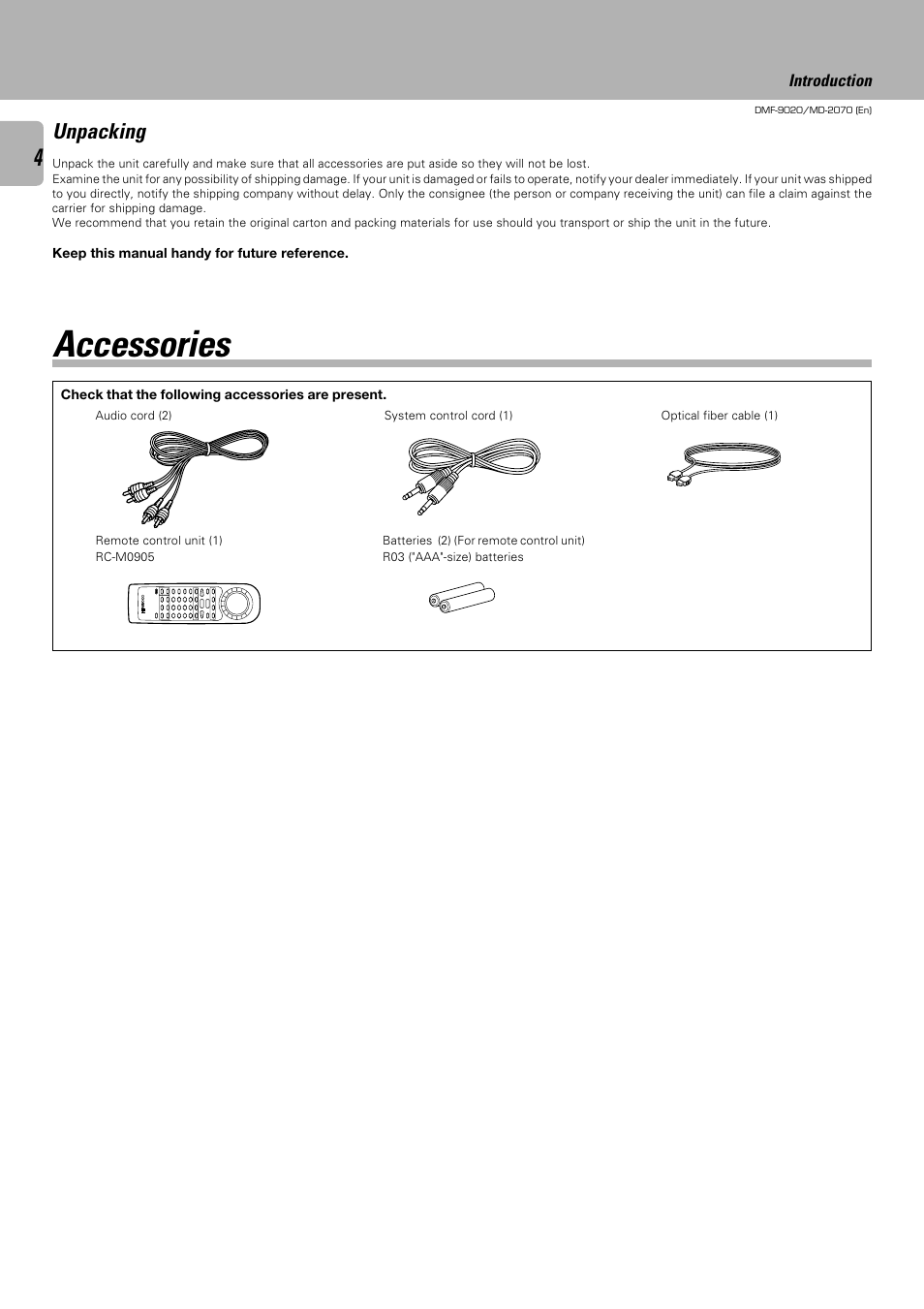 Accessories, Unpacking | Kenwood MD-2070 User Manual | Page 4 / 56