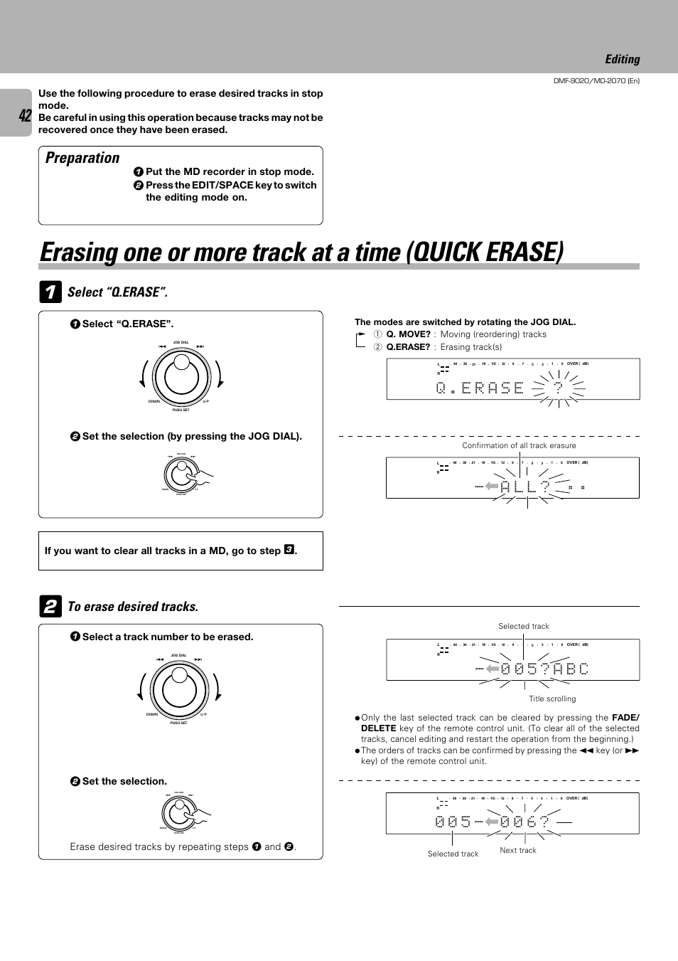 Erasing one or more track at a time (quick erase), Preparation, Select “q.erase | E r q . a s e, 5 ? b c a 0 0, Lч ч ? l a, Editing, Set the selection (by pressing the jog dial), Erase desired tracks by repeating steps 1 and 2, Put the md recorder in stop mode | Kenwood MD-2070 User Manual | Page 42 / 56