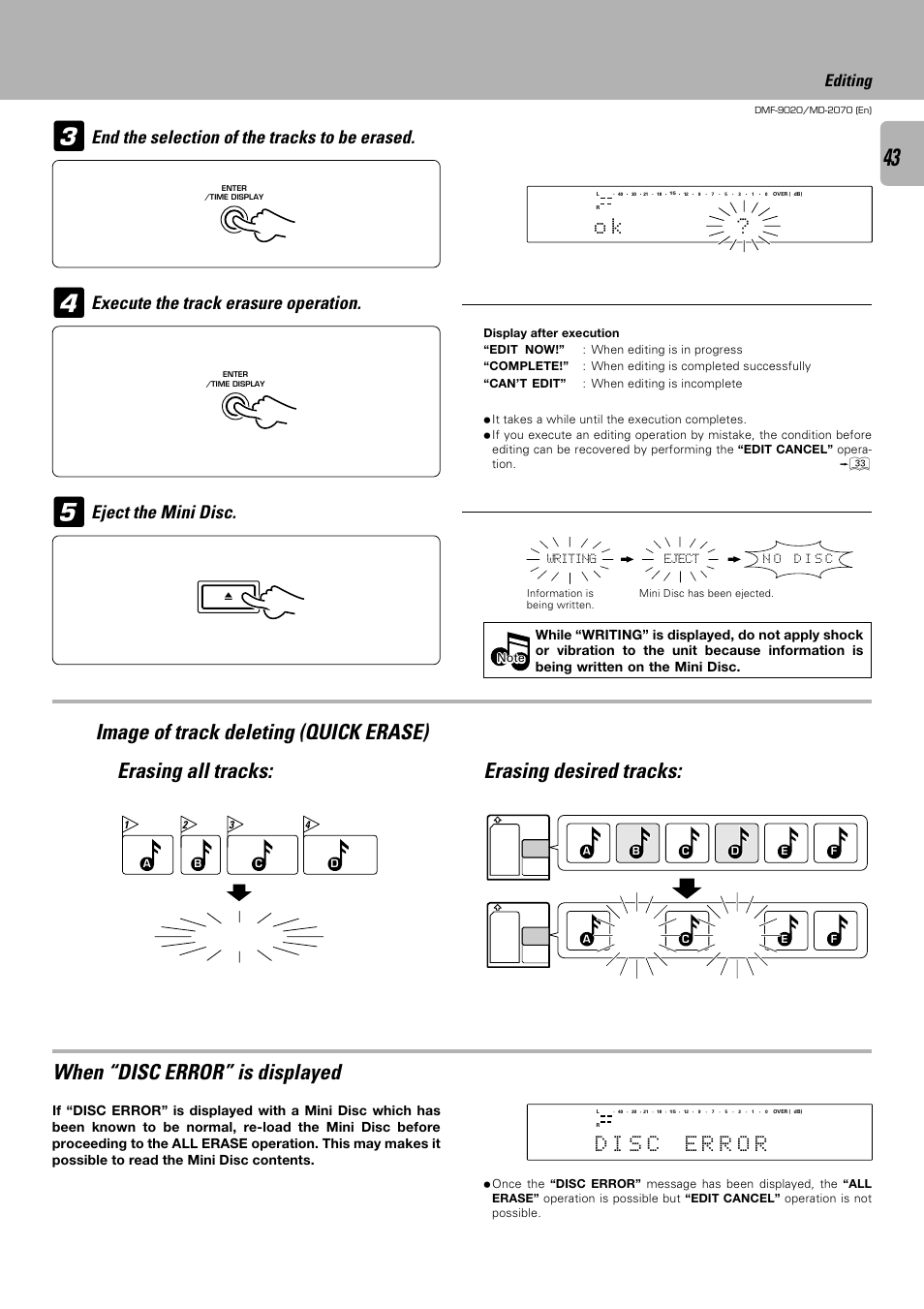 Image of track deleting (quick erase), When “disc error” is displayed, Erasing desired tracks: erasing all tracks | End the selection of the tracks to be erased, Editing | Kenwood MD-2070 User Manual | Page 43 / 56