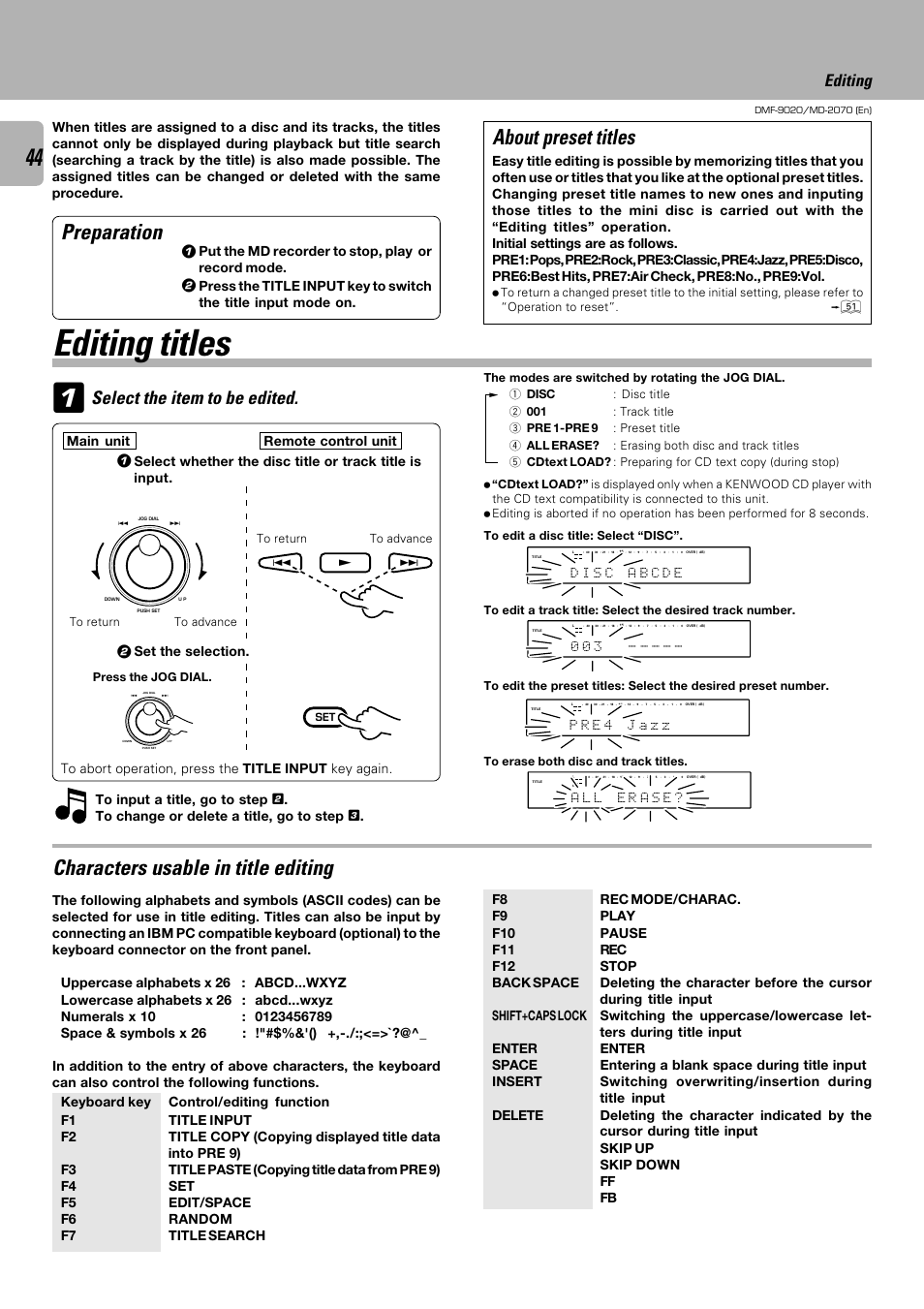 Editing titles, Characters usable in title editing, Preparation | About preset titles, Select the item to be edited, Editing, Put the md recorder to stop, play or record mode, Main unit remote control unit, P r e 4 z z a j, Press the jog dial | Kenwood MD-2070 User Manual | Page 44 / 56