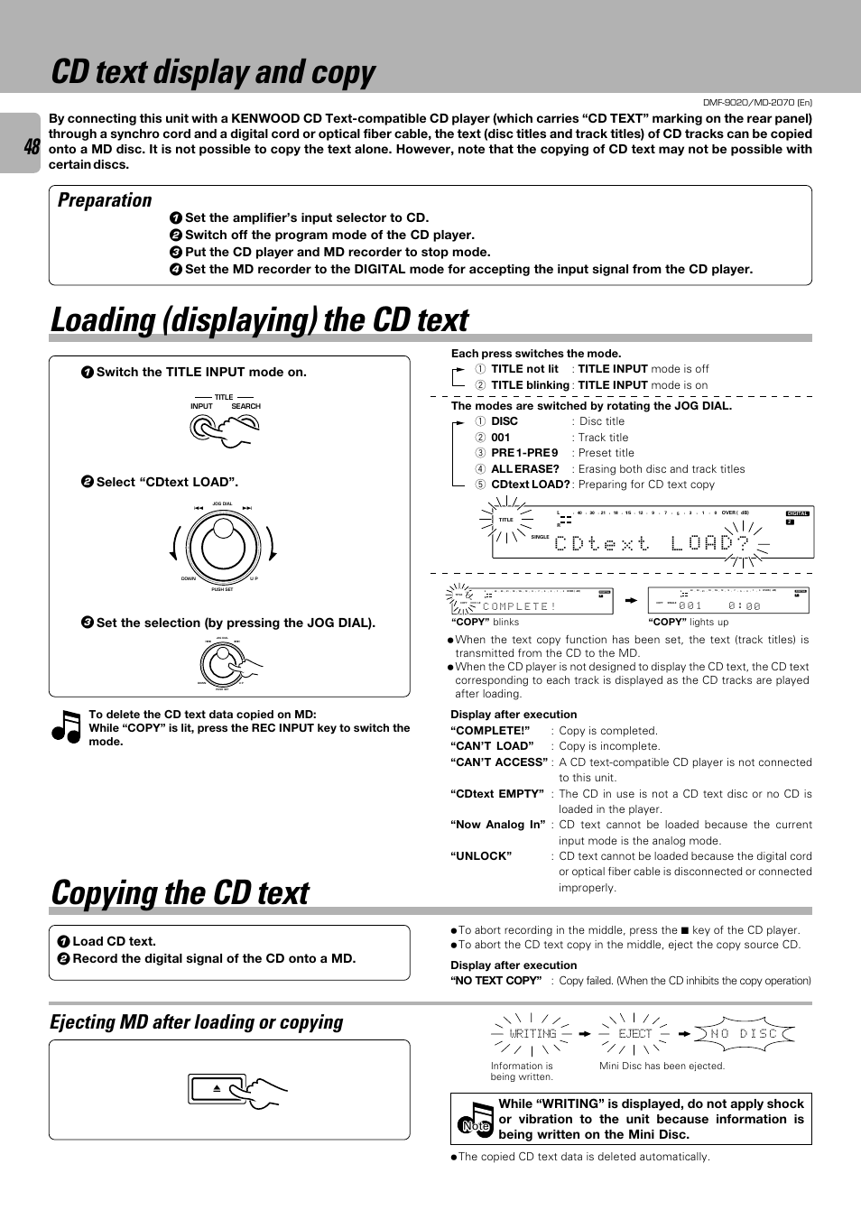 Copying the cd text, Loading (displaying) the cd text, Cd text display and copy | Preparation, Ejecting md after loading or copying, Tc d, Set the amplifier’s input selector to cd, Switch off the program mode of the cd player, Put the cd player and md recorder to stop mode, Switch the title input mode on | Kenwood MD-2070 User Manual | Page 48 / 56