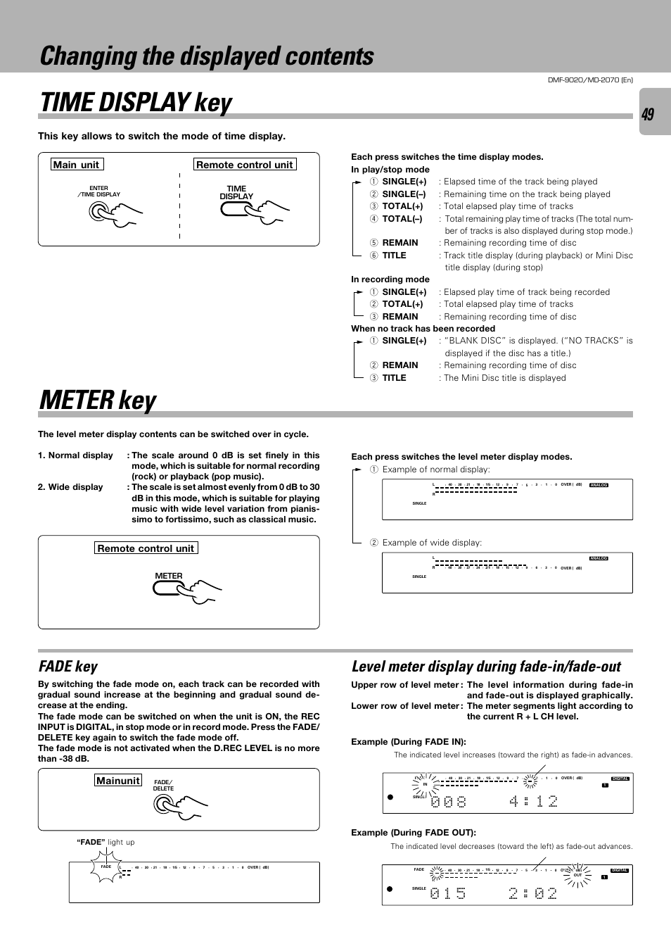 Changing the displayed contents, Meter key time display key, Fade key | Level meter display during fade-in/fade-out, This key allows to switch the mode of time display, Remote control unit, Mainunit main unit remote control unit | Kenwood MD-2070 User Manual | Page 49 / 56