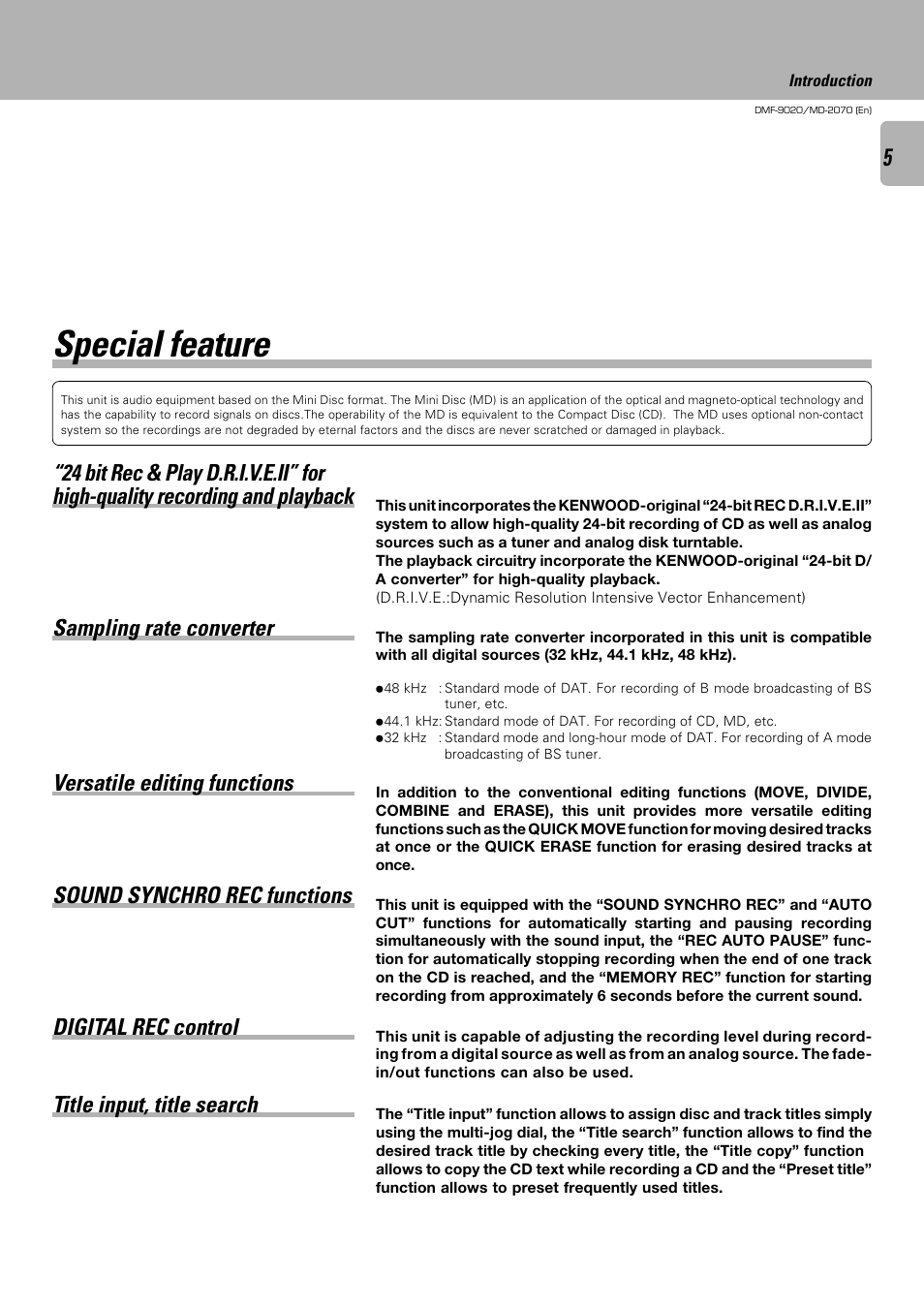 Special feature, Sampling rate converter, Digital rec control sound synchro rec functions | Kenwood MD-2070 User Manual | Page 5 / 56
