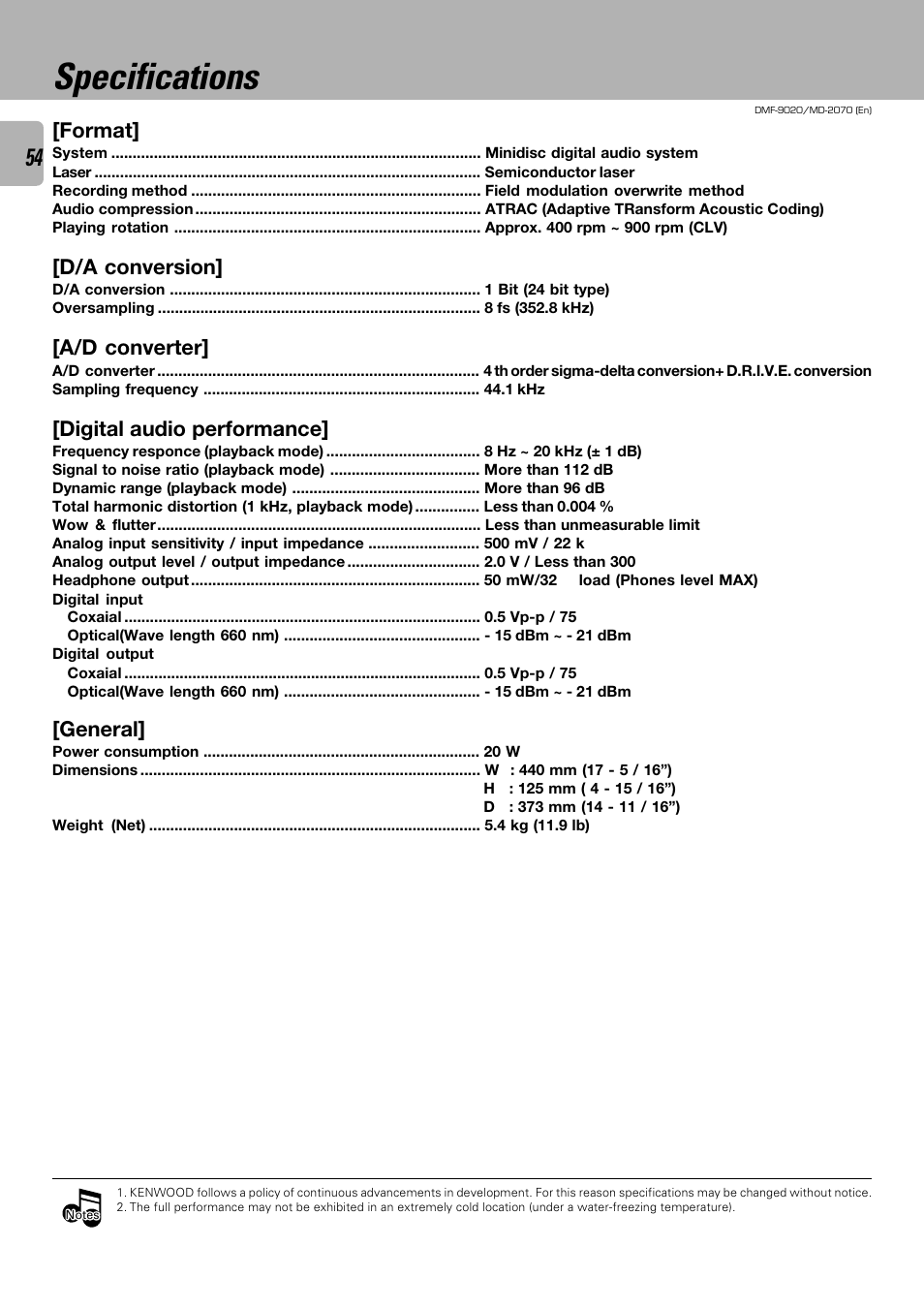 Specifications, Format, D/a conversion | A/d converter, Digital audio performance, General | Kenwood MD-2070 User Manual | Page 54 / 56