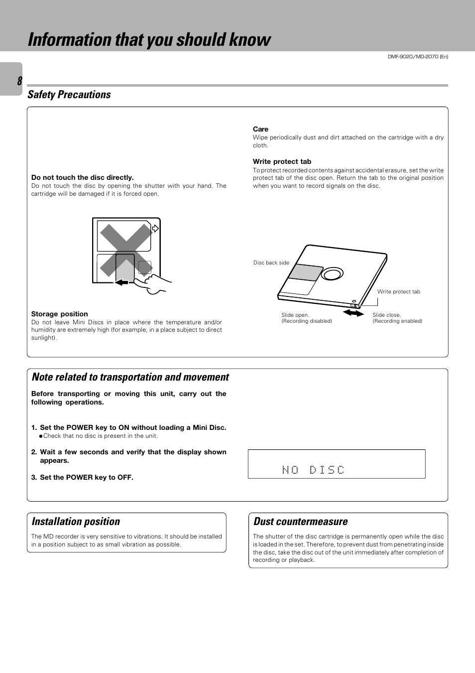 Information that you should know, Safety precautions, Installation position | Dust countermeasure | Kenwood MD-2070 User Manual | Page 8 / 56