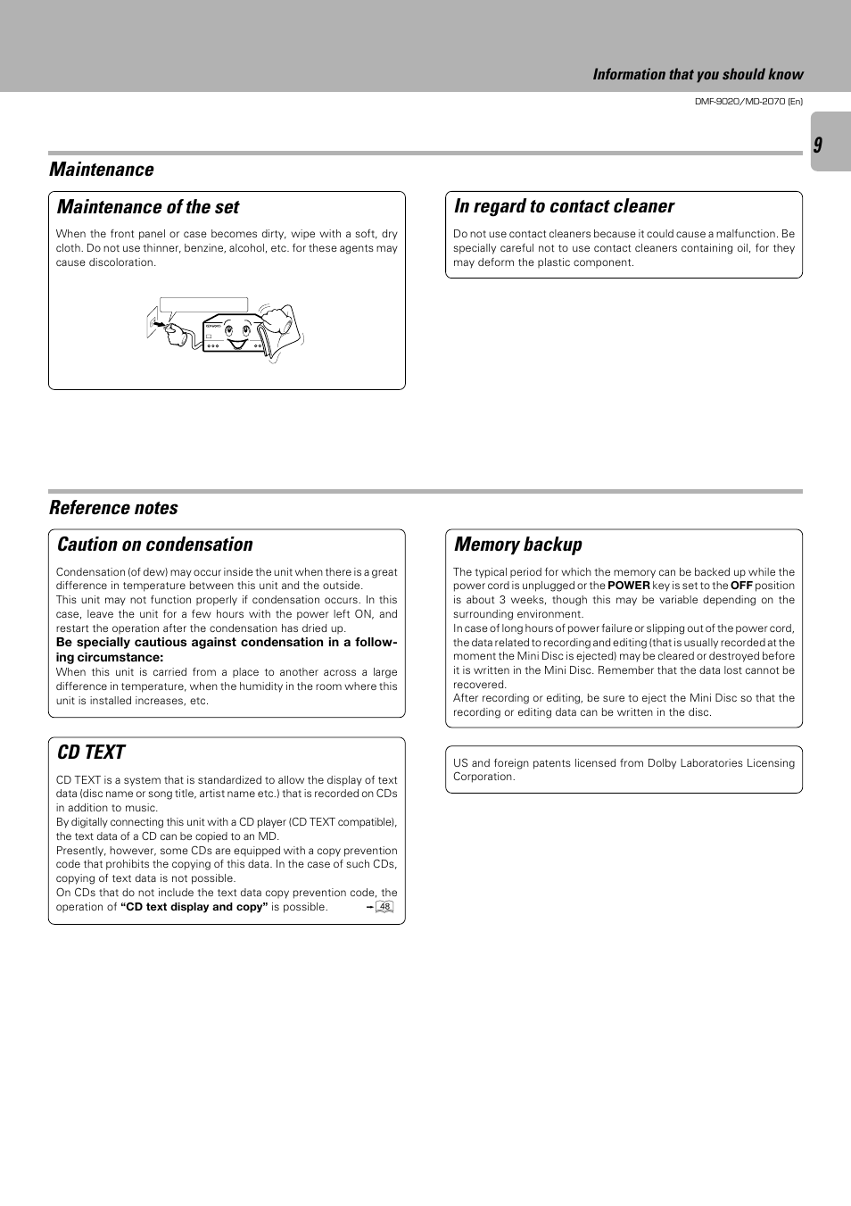 Caution on condensation, Maintenance, Cd text | Kenwood MD-2070 User Manual | Page 9 / 56