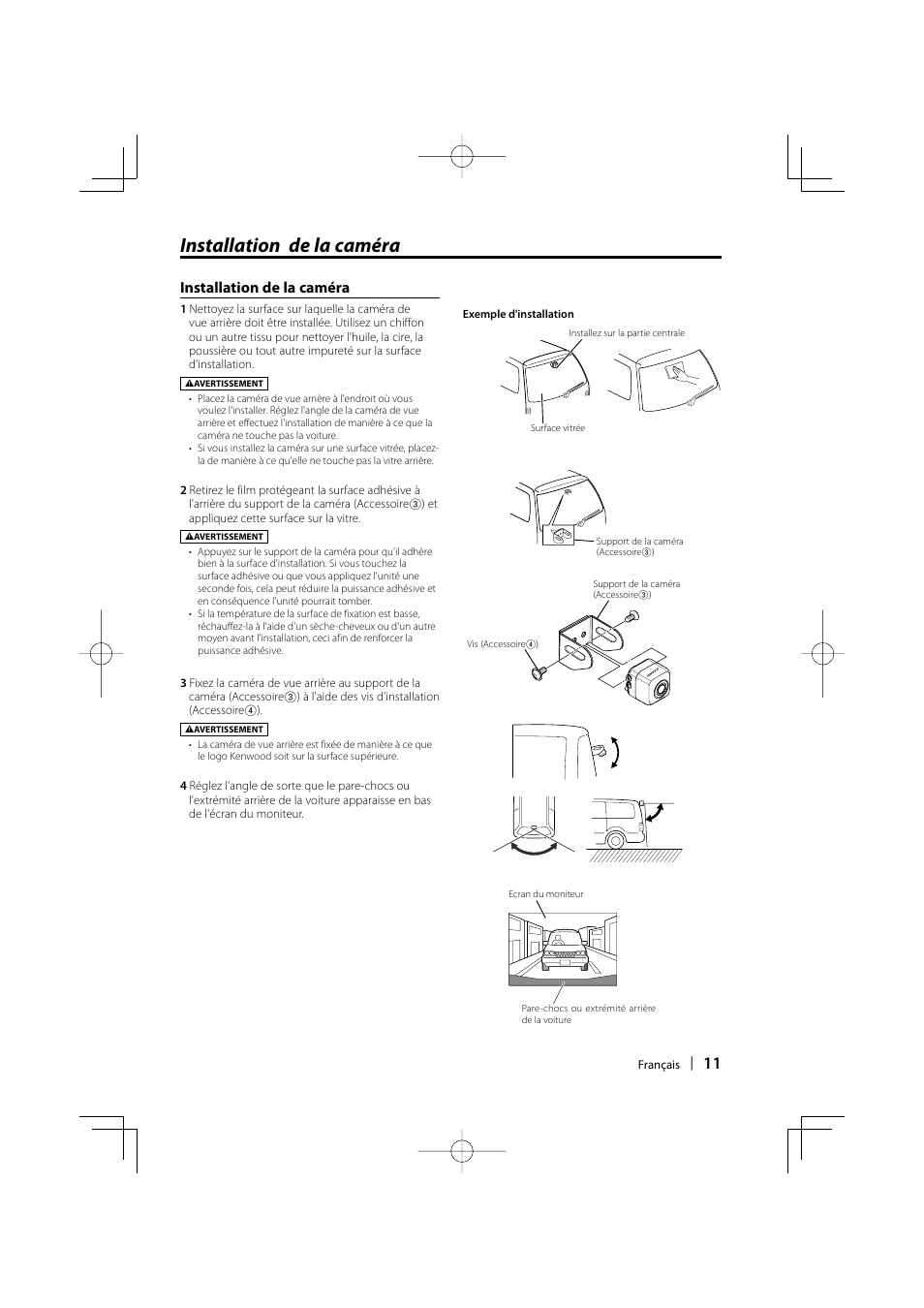 Installation de la caméra | Kenwood Ccd2000 User Manual | Page 11 / 44