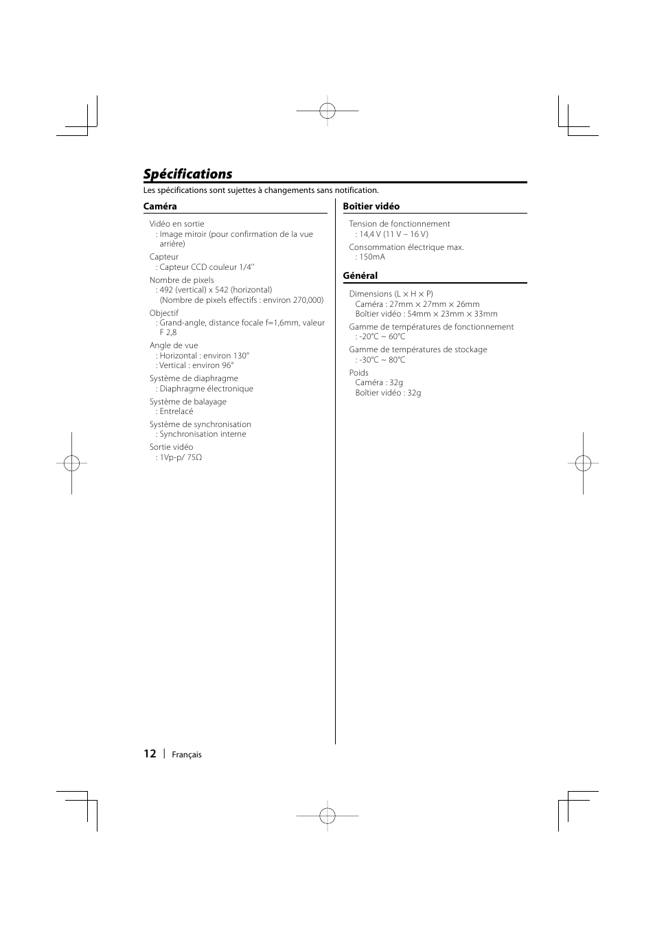 Spécifications | Kenwood Ccd2000 User Manual | Page 12 / 44