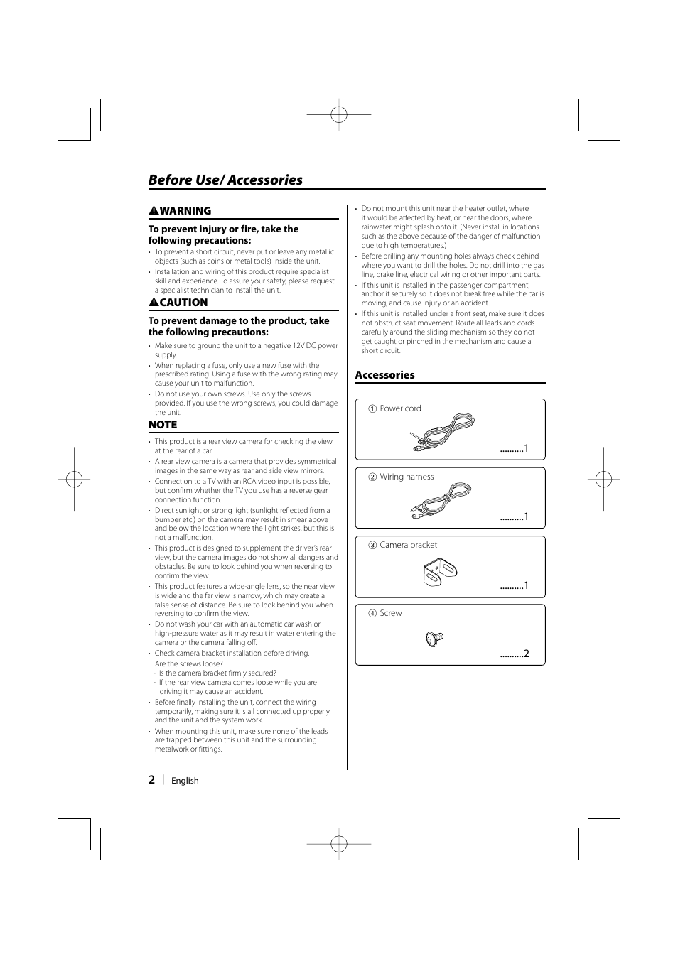 Before use/ accessories, Accessories, 2 warning | 2 caution | Kenwood Ccd2000 User Manual | Page 2 / 44