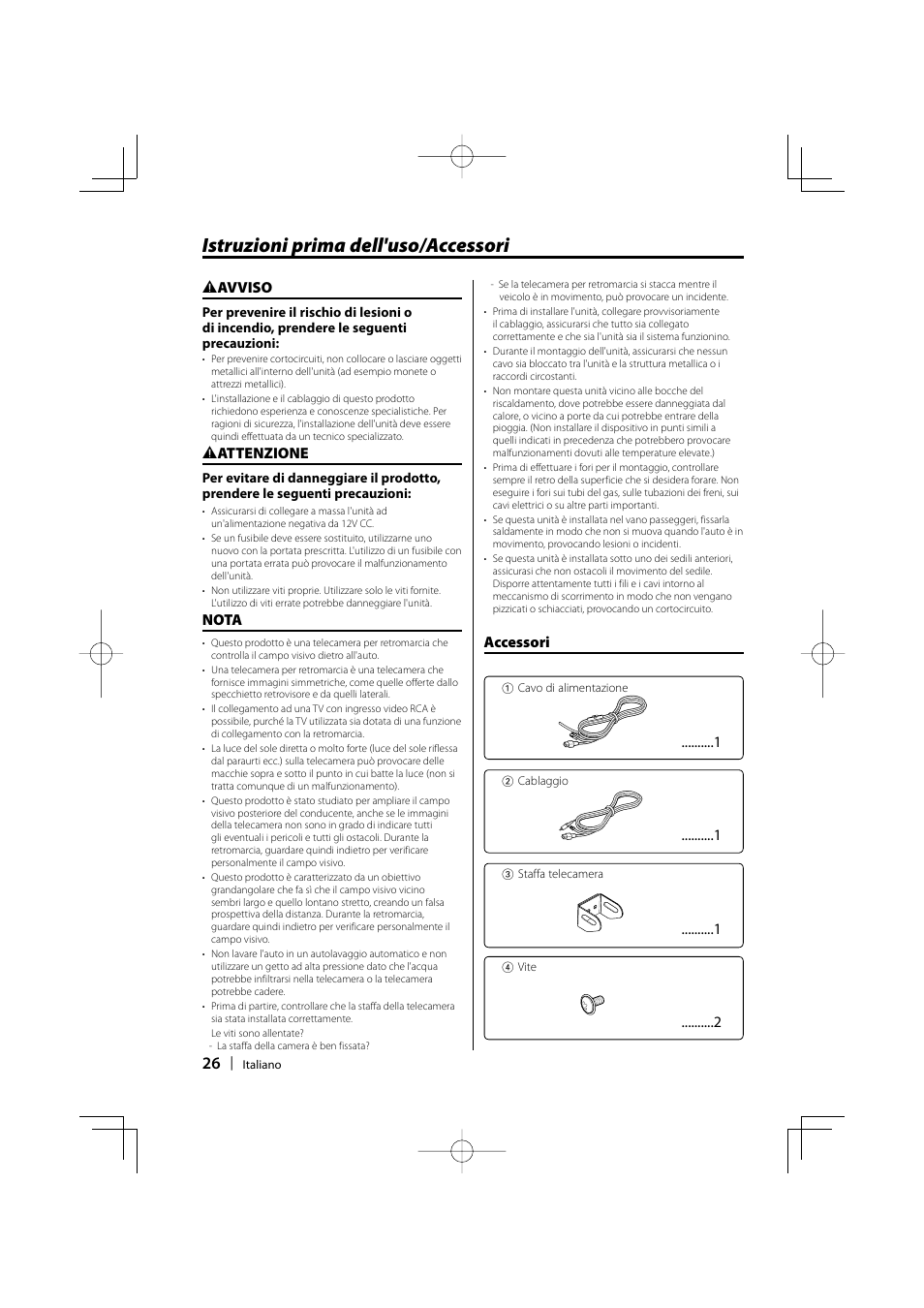 Istruzioni prima dell'uso/accessori, Accessori, 2 avviso | 2 attenzione, Nota | Kenwood Ccd2000 User Manual | Page 26 / 44