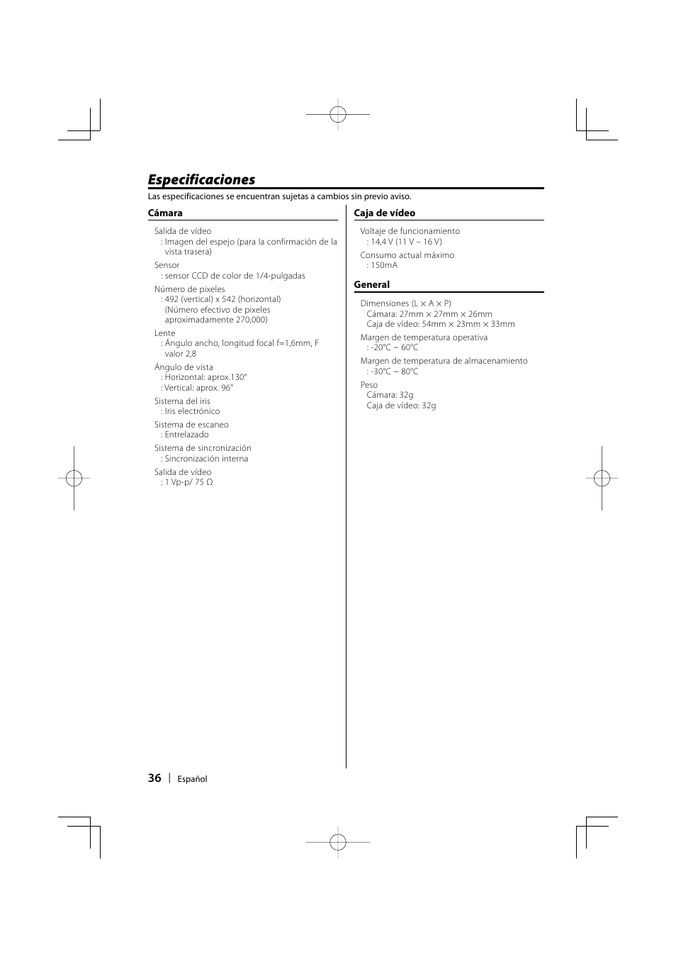 Especificaciones | Kenwood Ccd2000 User Manual | Page 36 / 44