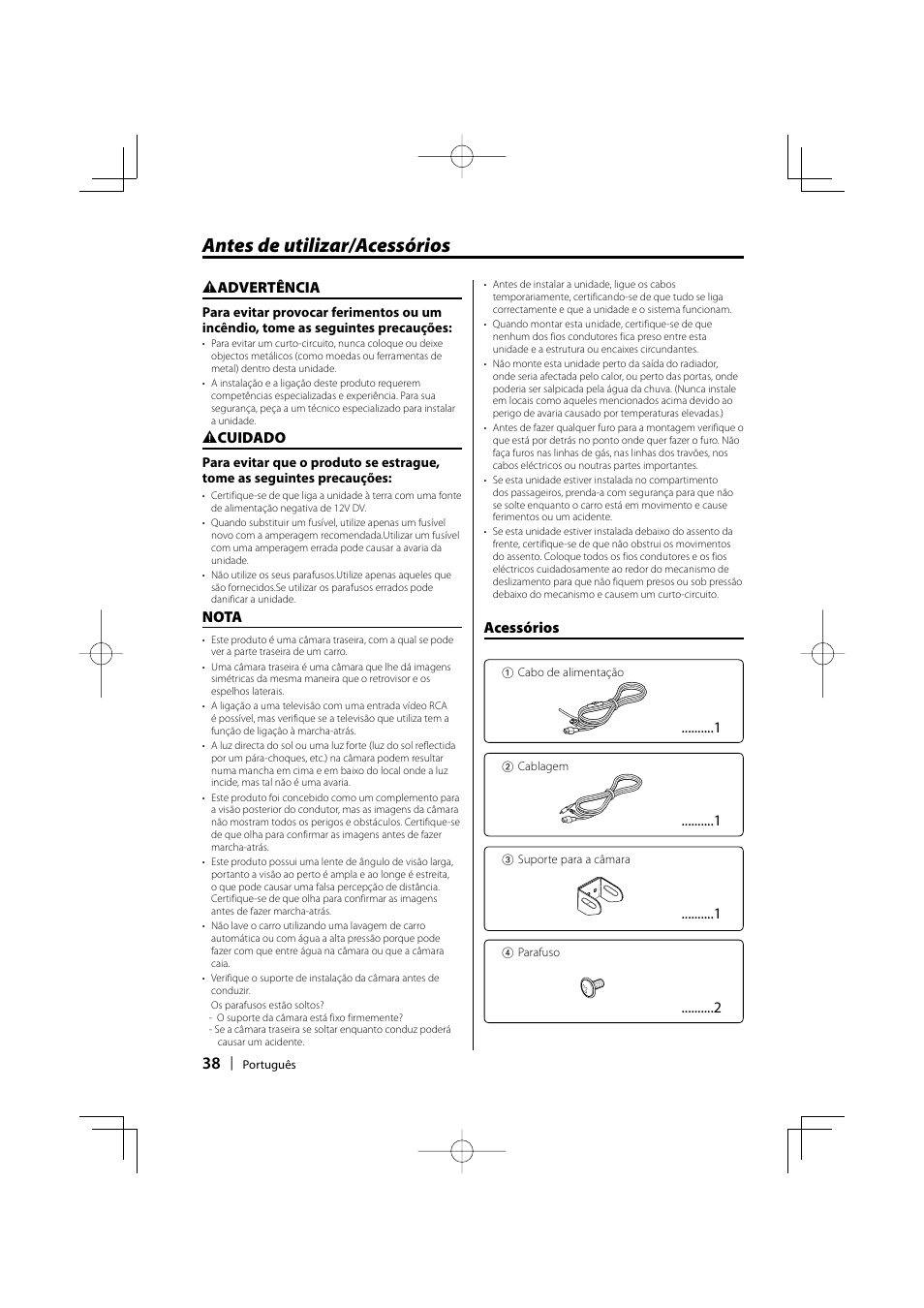 Antes de utilizar/acessórios, Acessórios, 2 advertência | 2 cuidado, Nota | Kenwood Ccd2000 User Manual | Page 38 / 44