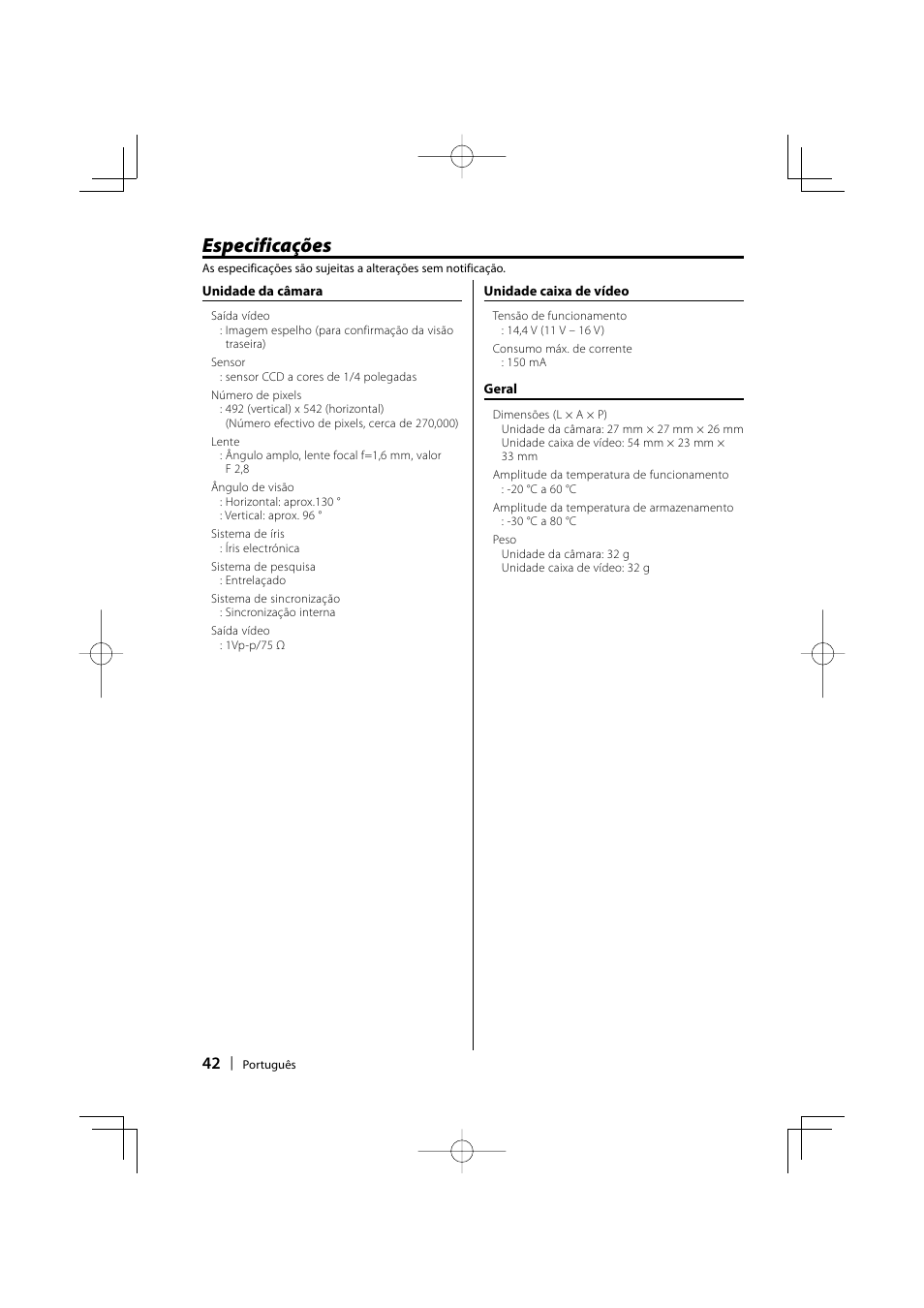 Especificações | Kenwood Ccd2000 User Manual | Page 42 / 44