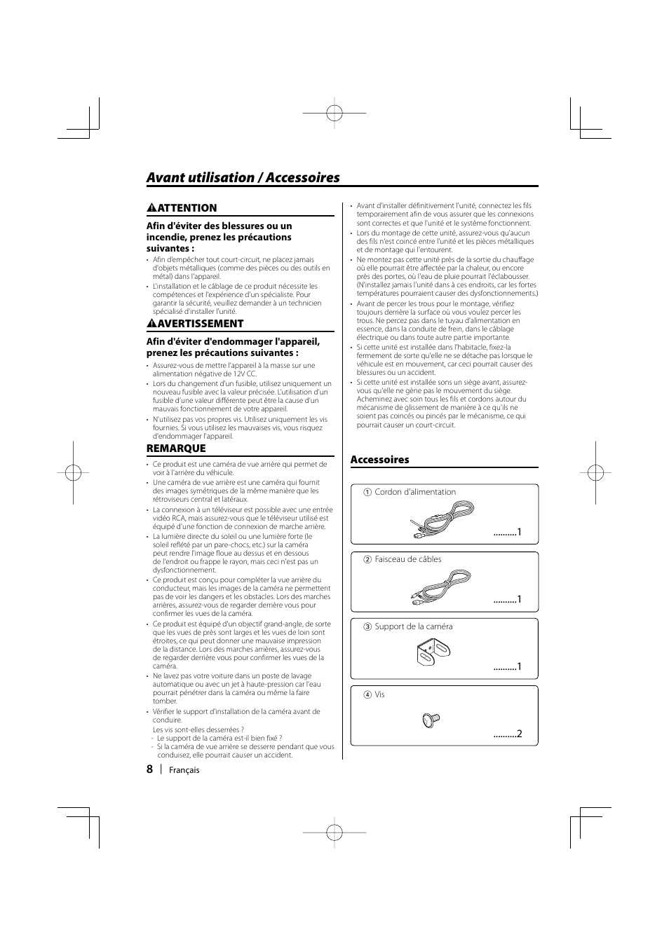Avant utilisation / accessoires, Accessoires, 2 attention | 2 avertissement, Remarque | Kenwood Ccd2000 User Manual | Page 8 / 44