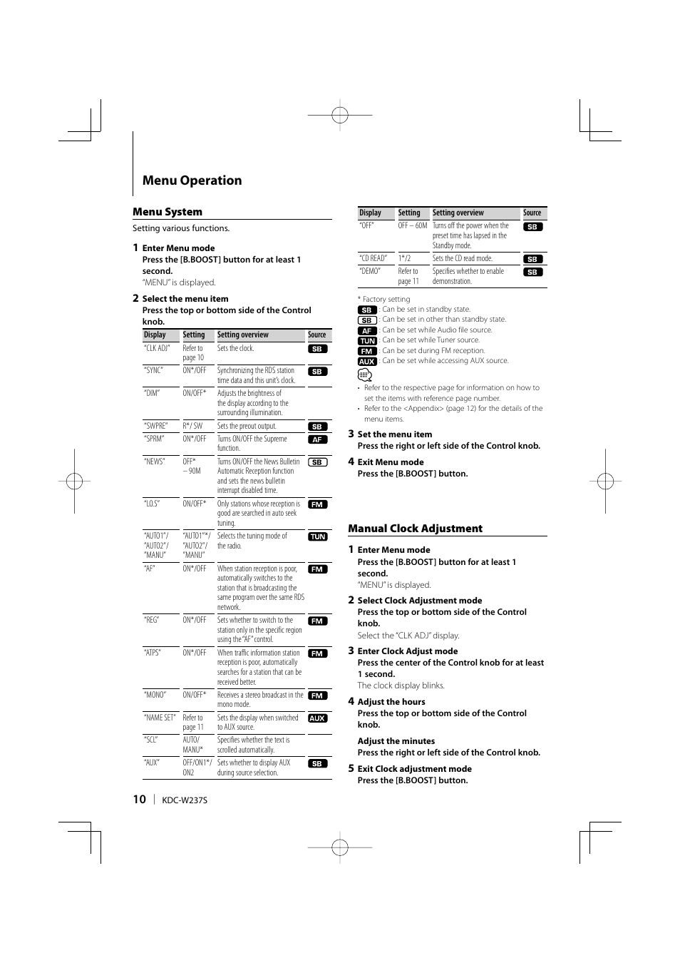 Menu operation | Kenwood KDC-W237S User Manual | Page 10 / 20