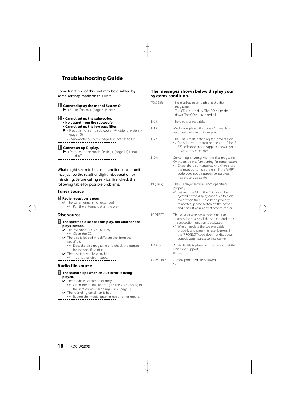 Troubleshooting guide | Kenwood KDC-W237S User Manual | Page 18 / 20