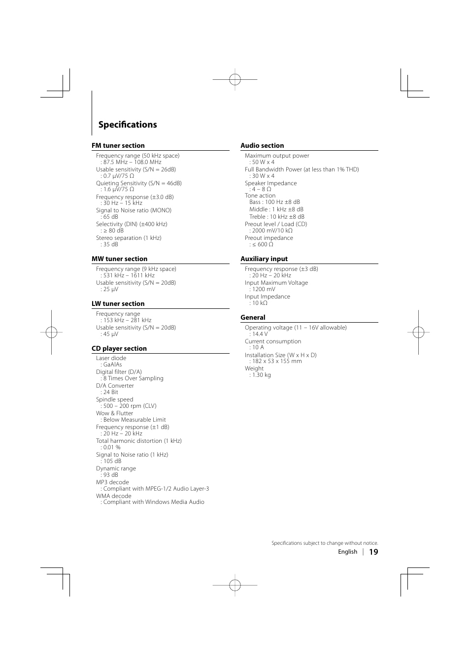 Specifi cations | Kenwood KDC-W237S User Manual | Page 19 / 20