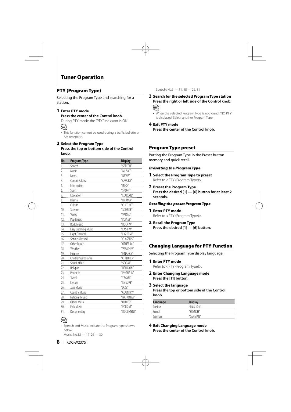 Tuner operation | Kenwood KDC-W237S User Manual | Page 8 / 20