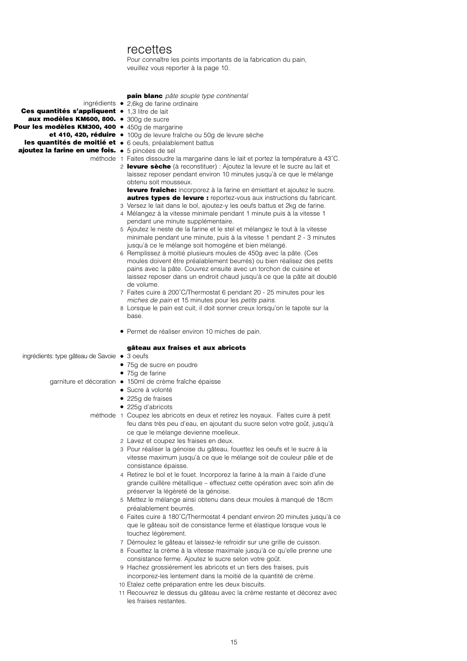 Recettes | Kenwood Chef KM400 series User Manual | Page 17 / 43