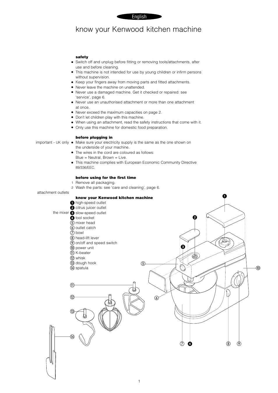 Know your kenwood kitchen machine, English | Kenwood Chef KM400 series User Manual | Page 3 / 43