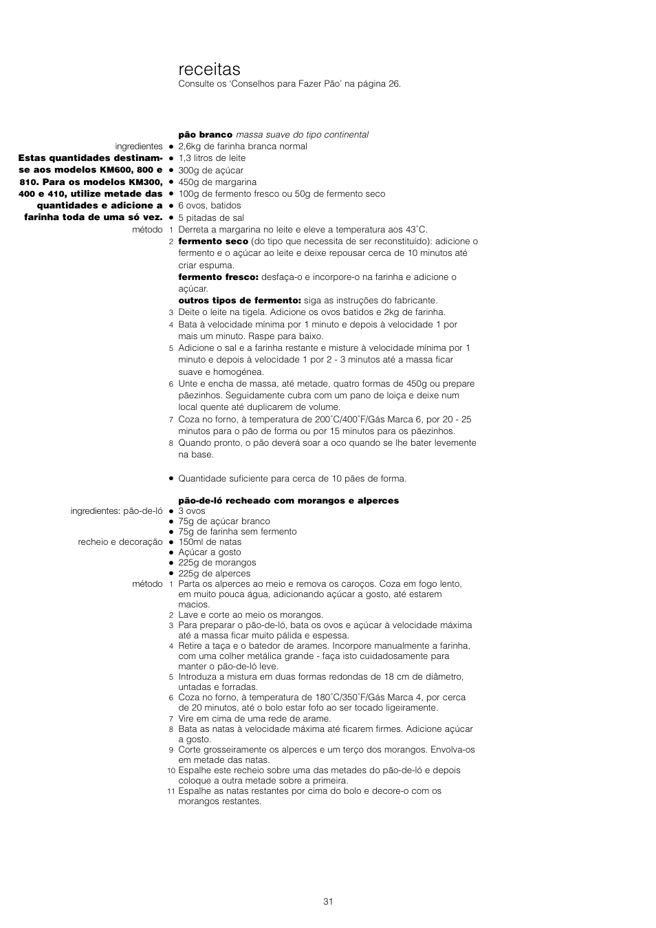 Receitas | Kenwood Chef KM400 series User Manual | Page 33 / 43