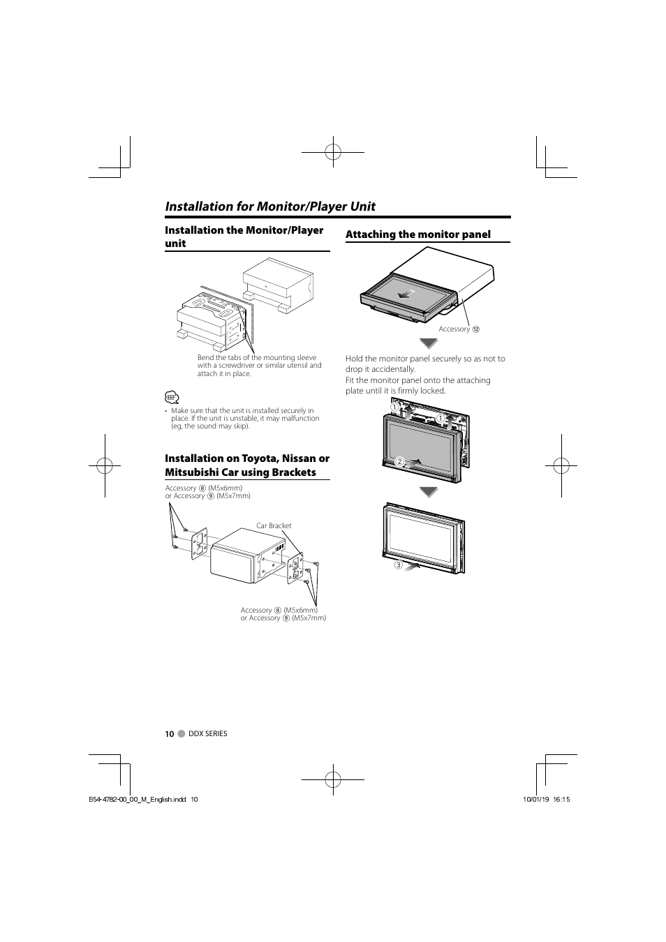 Installation for monitor/player unit, Installation the monitor/player unit, Attaching the monitor panel | Kenwood DDX8036BTM User Manual | Page 10 / 12