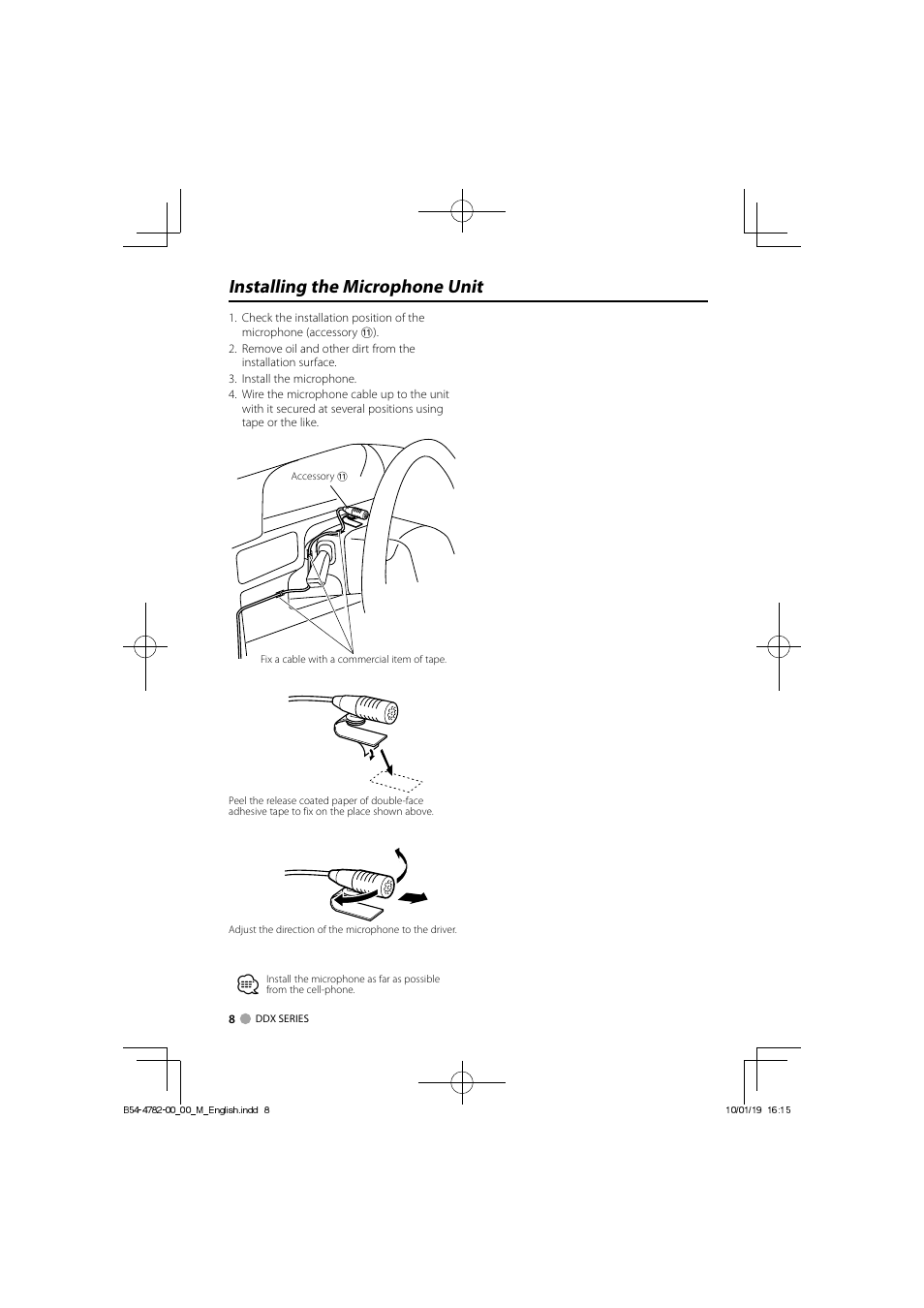 Installing the microphone unit | Kenwood DDX8036BTM User Manual | Page 8 / 12