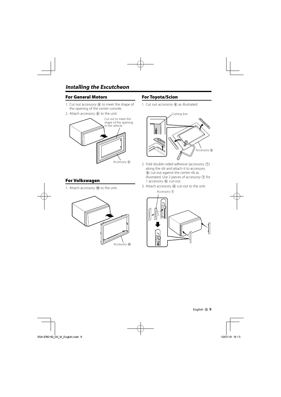 Installing the escutcheon, For toyota/scion, For general motors | For volkswagen | Kenwood DDX8036BTM User Manual | Page 9 / 12