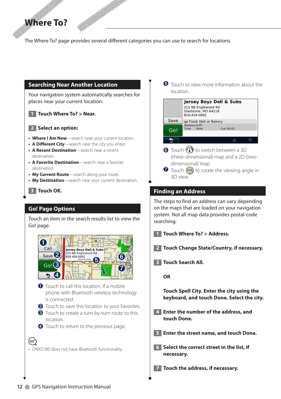 Where to, Searching near another location, Finding an address | Kenwood DNX6180 User Manual | Page 12 / 96