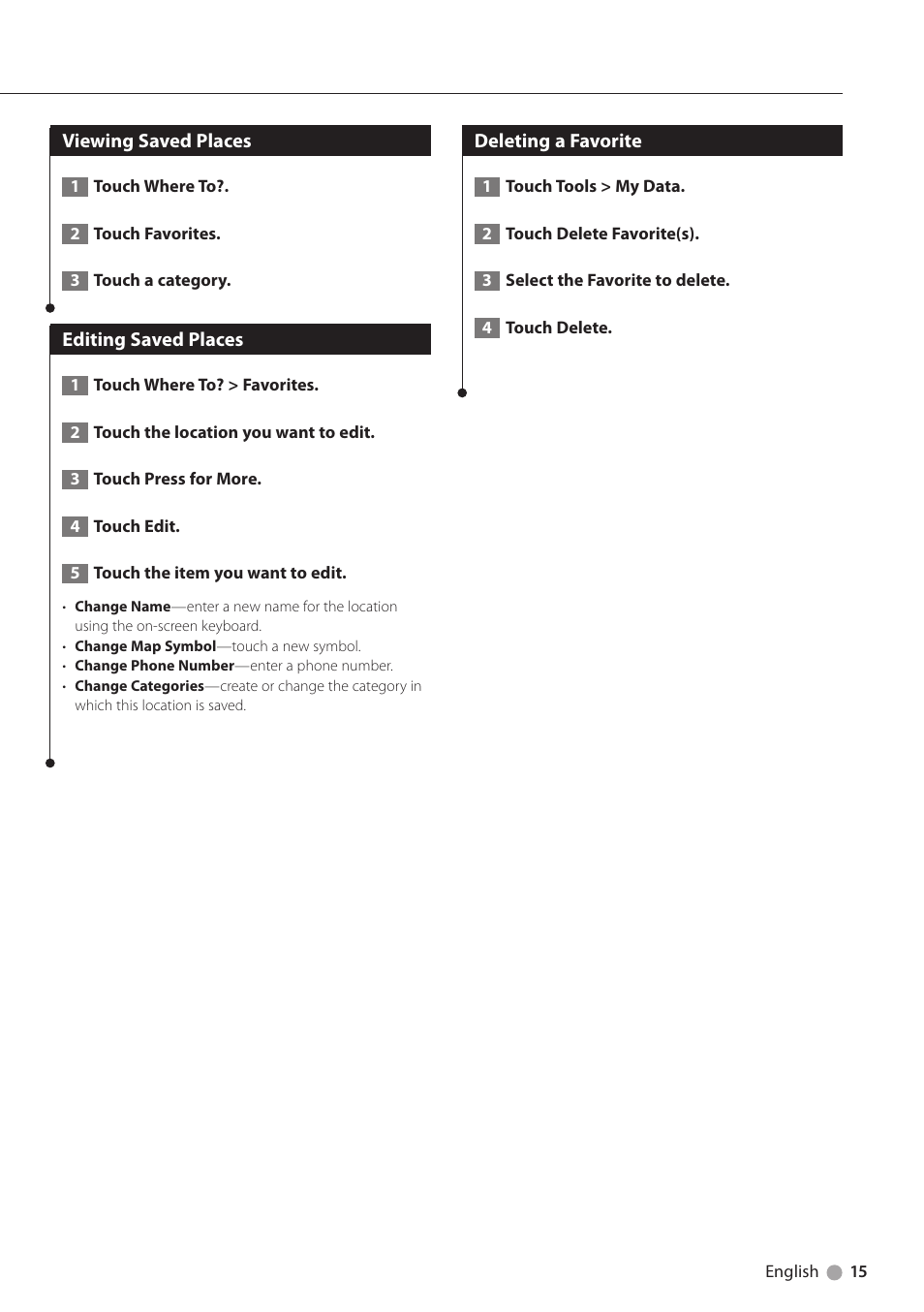 Viewing saved places, Editing saved places, Deleting a favorite | Kenwood DNX6180 User Manual | Page 15 / 96