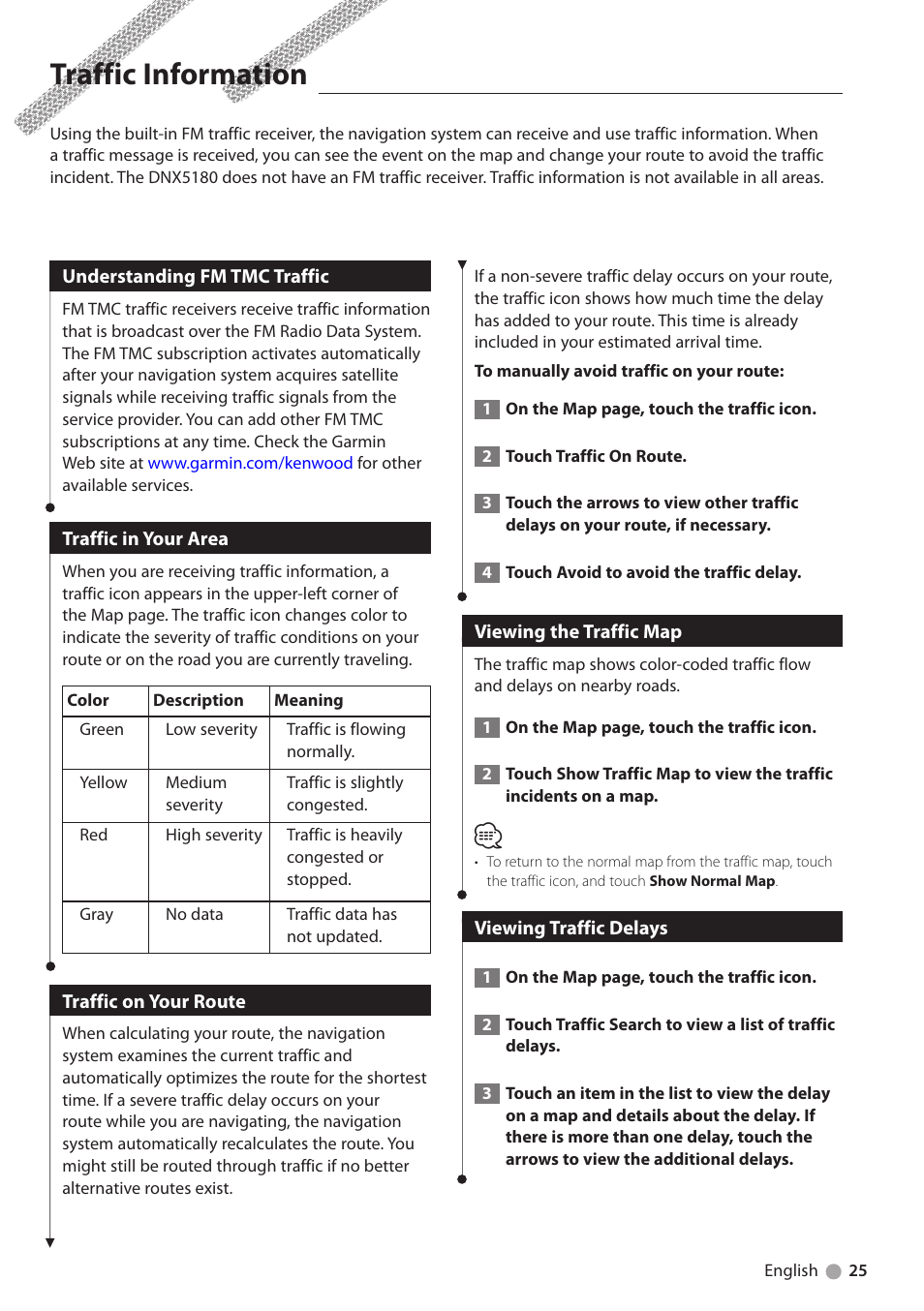 Traffic information, Understanding fm tmc traffic, Traffic in your area | Traffic on your route, Viewing the traffic map, Viewing traffic delays | Kenwood DNX6180 User Manual | Page 25 / 96