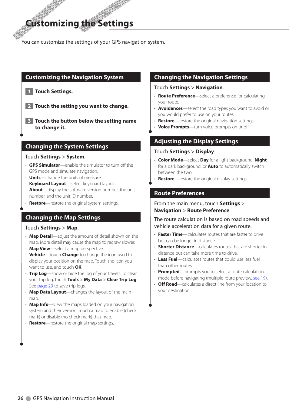 Customizing the settings, Customizing the navigation system, Changing the system settings | Changing the map settings, Changing the navigation settings, Adjusting the display settings, Route preferences | Kenwood DNX6180 User Manual | Page 26 / 96