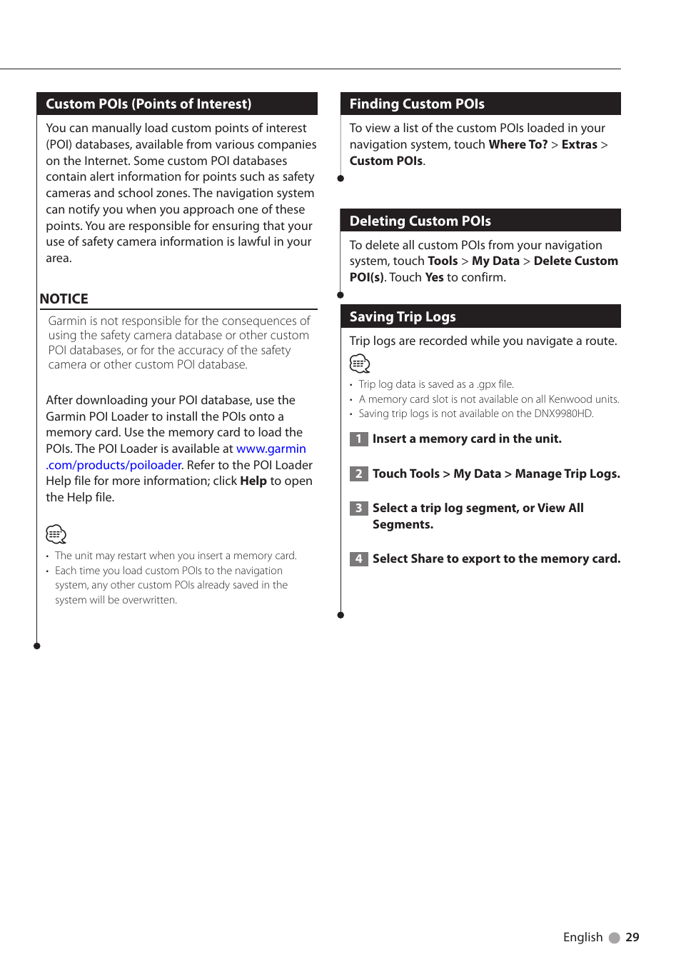 Custom pois (points of interest), Finding custom pois, Deleting custom pois | Saving trip logs | Kenwood DNX6180 User Manual | Page 29 / 96