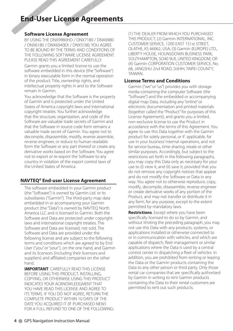 End-user license agreements | Kenwood DNX6180 User Manual | Page 4 / 96