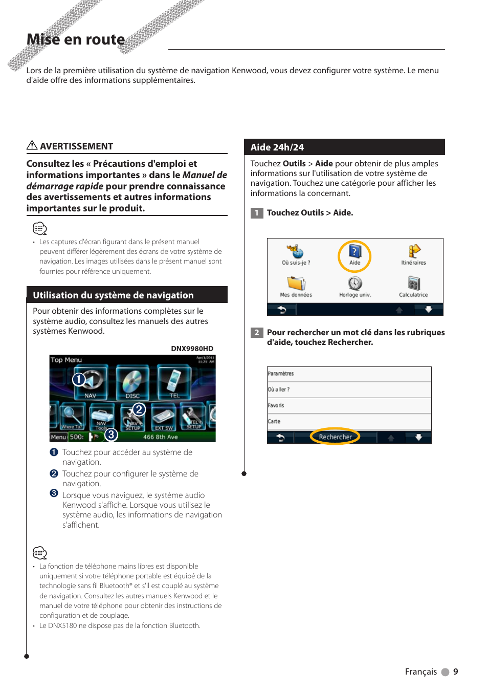 Mise en route, Utilisation du système de navigation, Aide 24h/24 | Kenwood DNX6180 User Manual | Page 41 / 96