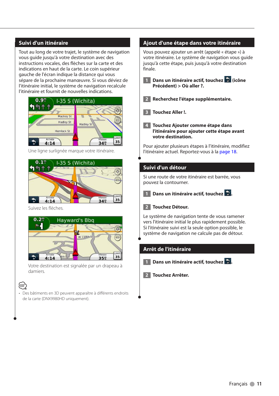 Suivi d'un itinéraire, Ajout d'une étape dans votre itinéraire, Suivi d'un détour | Arrêt de l'itinéraire | Kenwood DNX6180 User Manual | Page 43 / 96