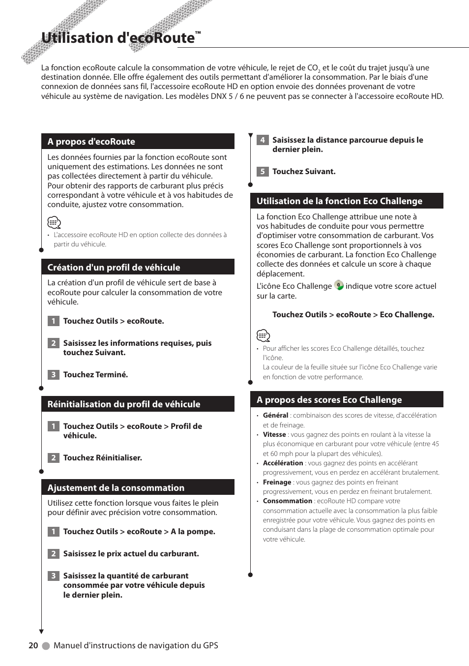 Utilisation d'ecoroute, A propos d'ecoroute, Création d'un profil de véhicule | Réinitialisation du profil de véhicule, Ajustement de la consommation, Utilisation de la fonction eco challenge, A propos des scores eco challenge | Kenwood DNX6180 User Manual | Page 52 / 96