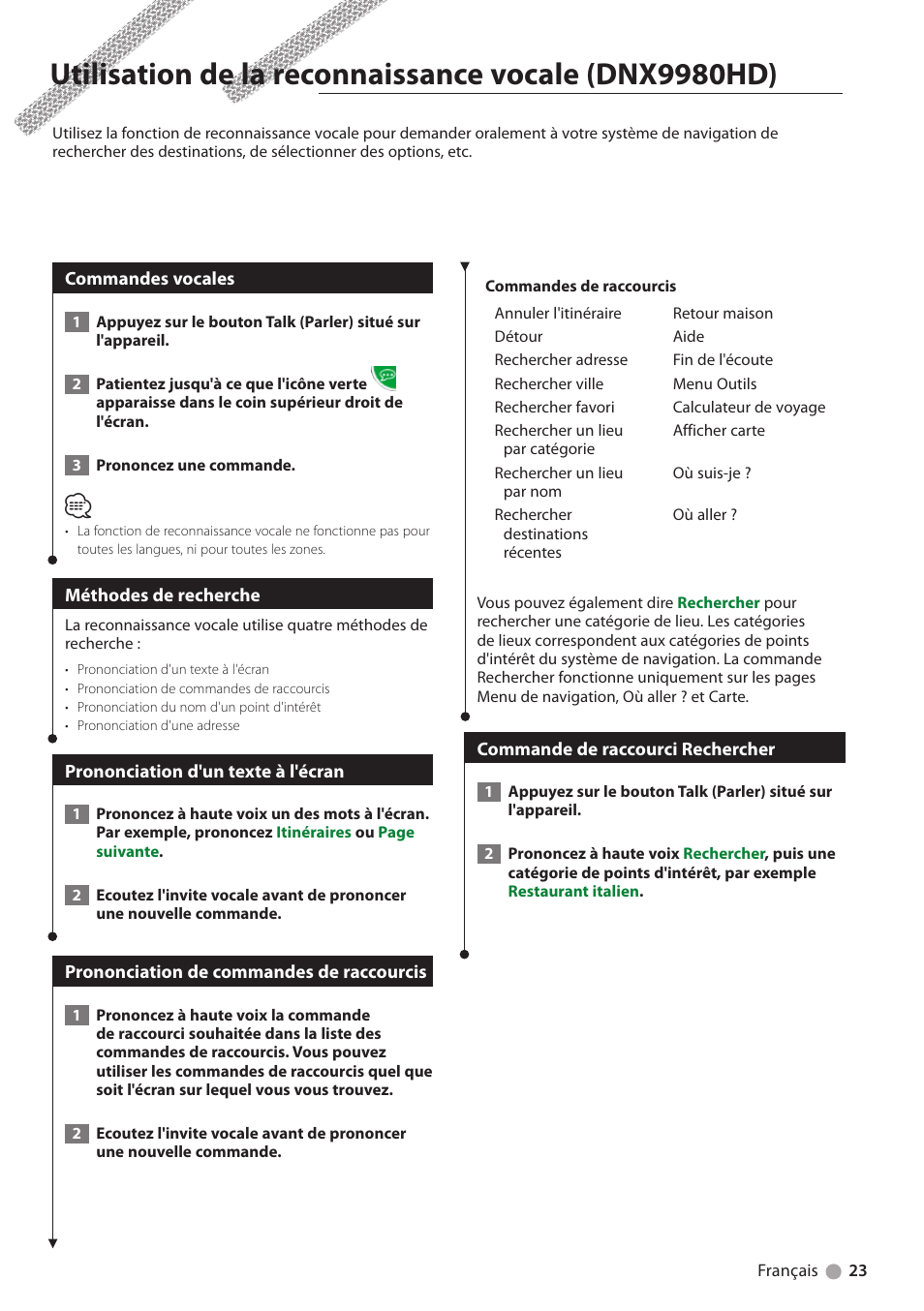 Commandes vocales, Méthodes de recherche, Prononciation d'un texte à l'écran | Prononciation de commandes de raccourcis, Commande de raccourci rechercher, Utilisation de la reconnaissance vocale, Dnx9980hd) | Kenwood DNX6180 User Manual | Page 55 / 96