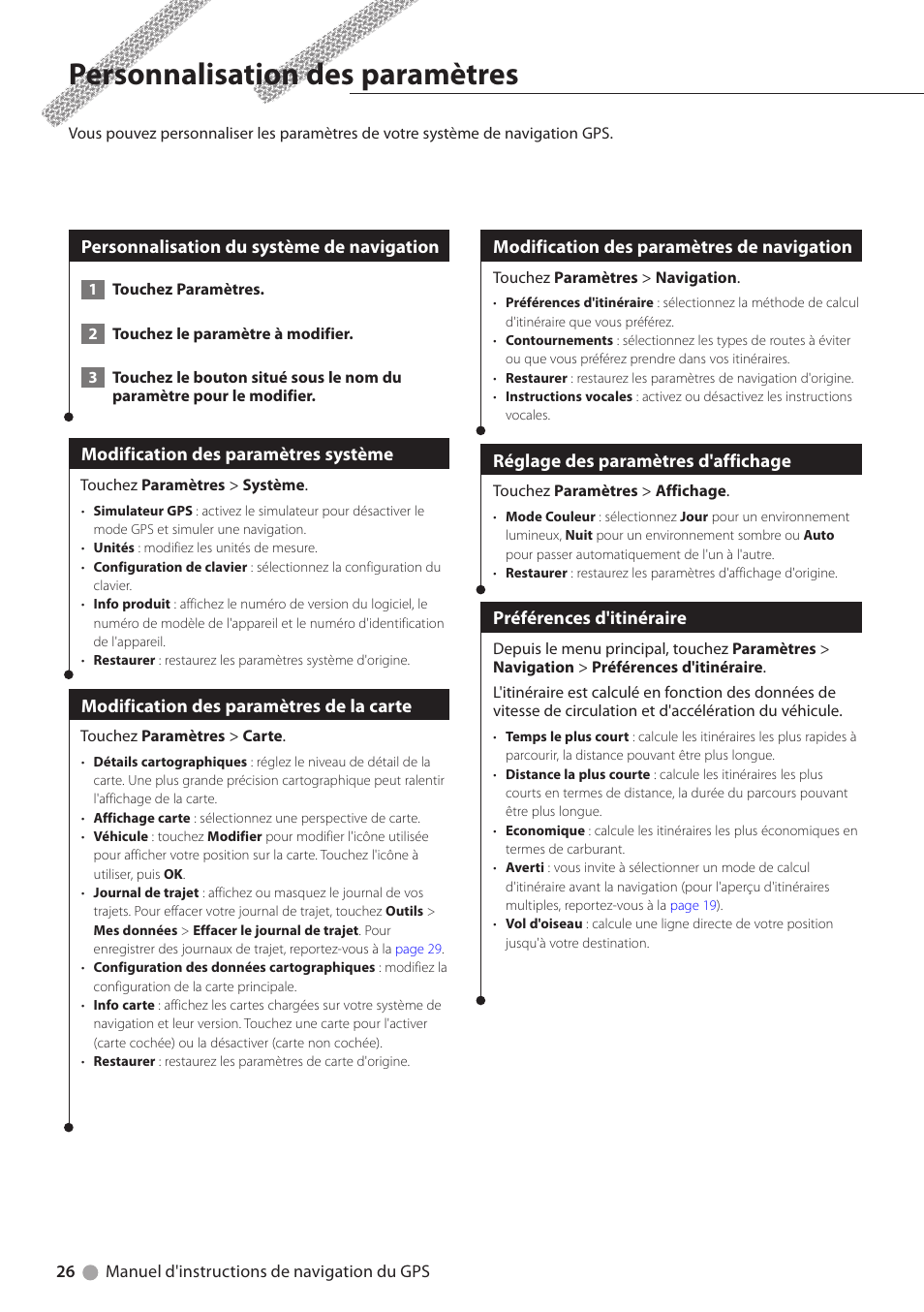 Personnalisation des paramètres, Personnalisation du système de navigation, Modification des paramètres système | Modification des paramètres de la carte, Modification des paramètres de navigation, Réglage des paramètres d'affichage, Préférences d'itinéraire | Kenwood DNX6180 User Manual | Page 58 / 96