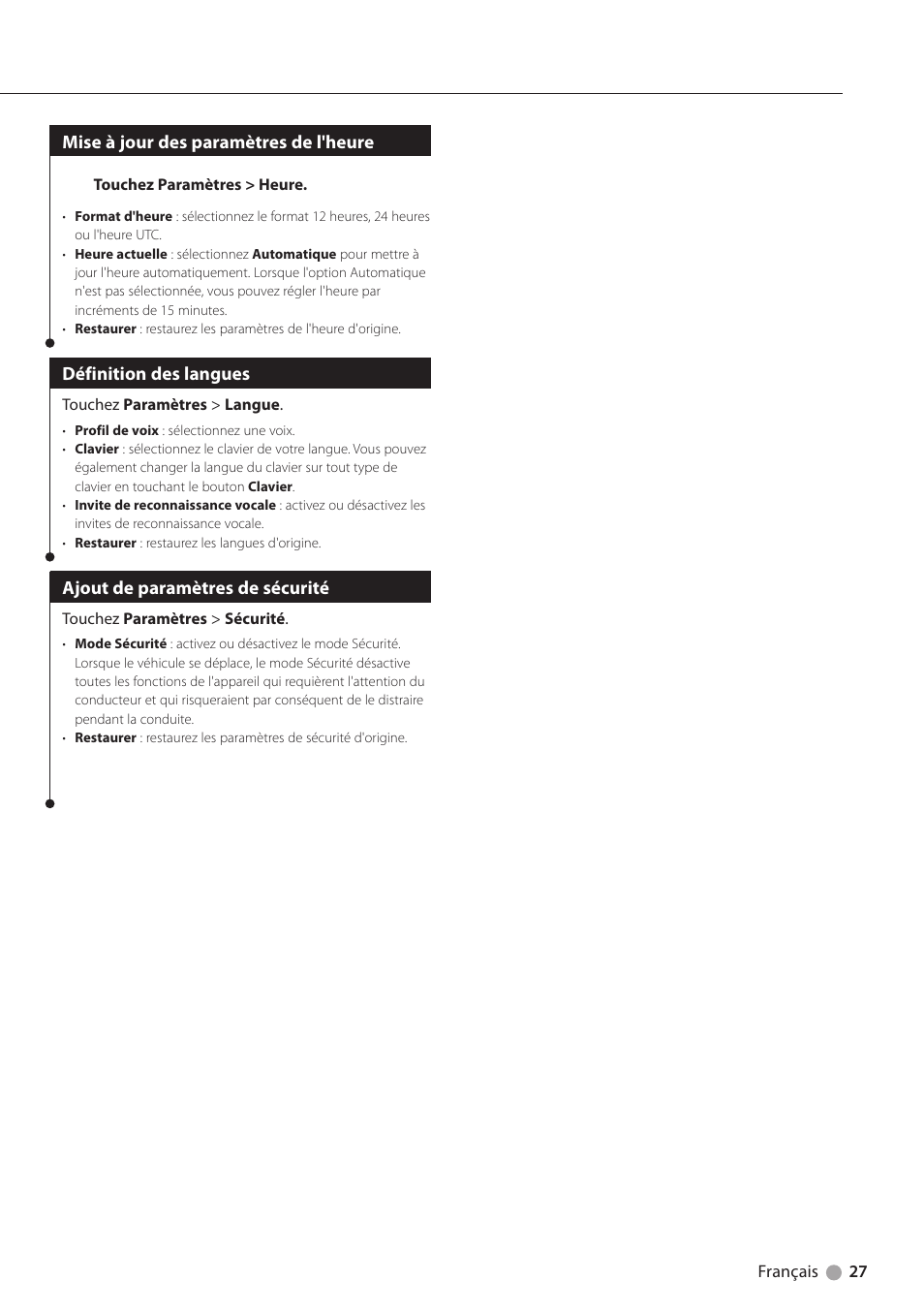 Mise à jour des paramètres de l'heure, Définition des langues, Ajout de paramètres de sécurité | Kenwood DNX6180 User Manual | Page 59 / 96