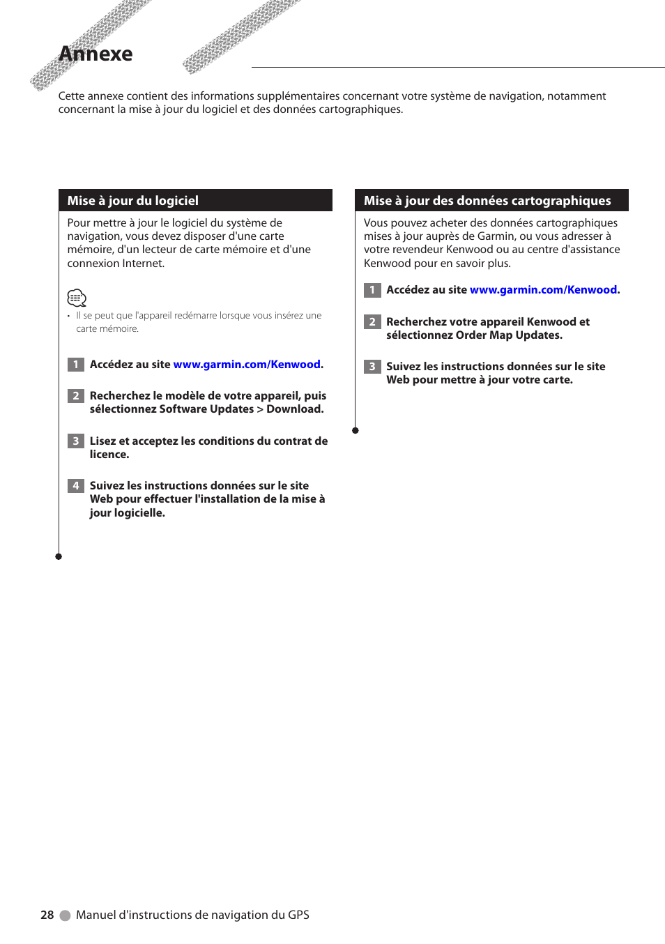 Annexe, Mise à jour du logiciel, Mise à jour des données cartographiques | Kenwood DNX6180 User Manual | Page 60 / 96