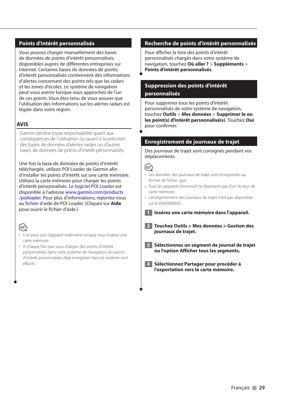 Points d'intérêt personnalisés, Recherche de points d'intérêt personnalisés, Suppression des points d'intérêt personnalisés | Enregistrement de journaux de trajet, Suppression des points d'intérêt, Personnalisés | Kenwood DNX6180 User Manual | Page 61 / 96