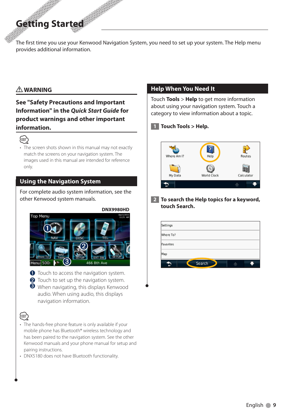 Getting started, Using the navigation system, Help when you need it | Kenwood DNX6180 User Manual | Page 9 / 96